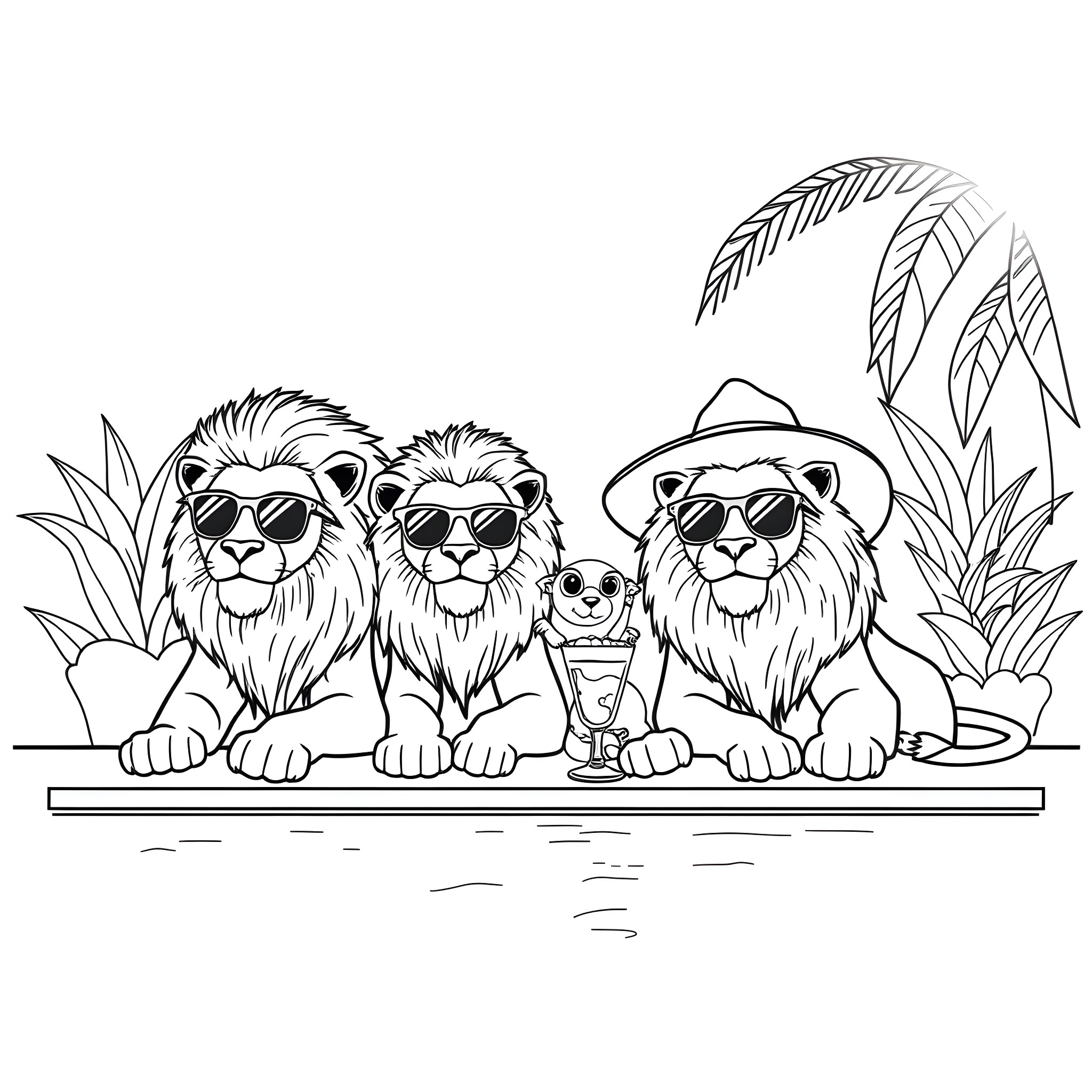 Lion family relaxing in tropical setting Coloring Page (free black-and-white line drawing printable PDF for all, from beginners to advanced learners, including children, teens, adults, and seniors)
