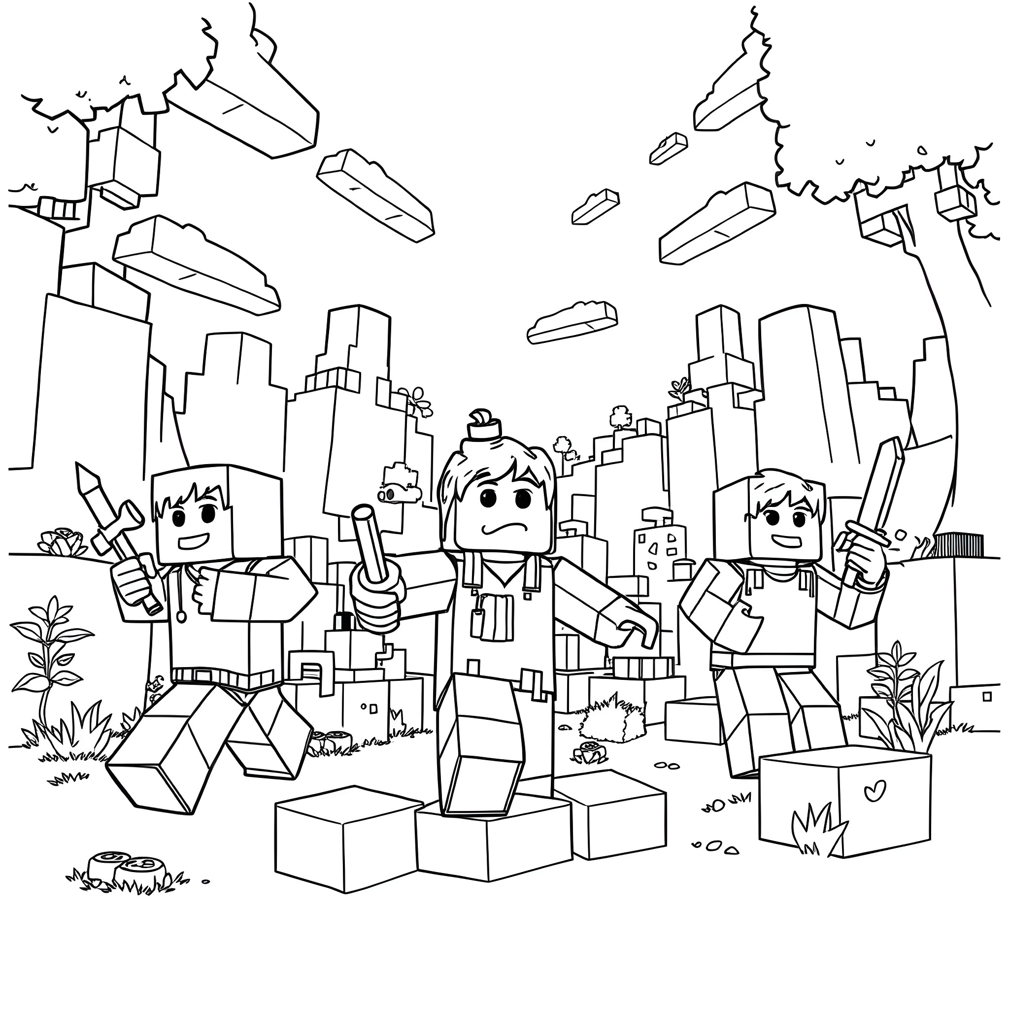 Minecraft characters exploring the city landscape Coloring Page (free black-and-white line drawing printable PDF for all, from beginners to advanced learners, including children, teens, adults, and seniors)