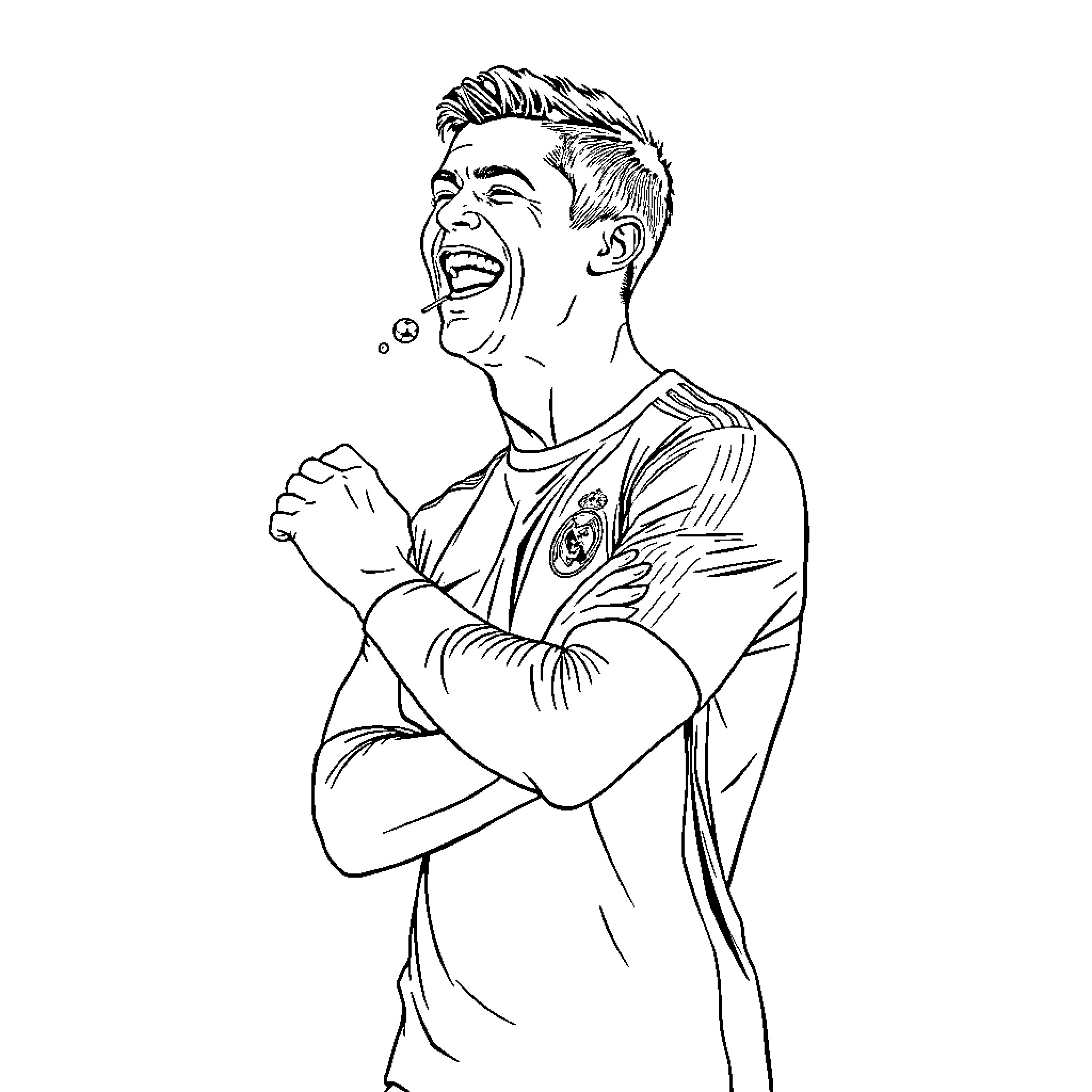 Christiano Ronaldo celebrating joyfully on the pitch Coloring Page (free black-and-white line drawing printable PDF for all, from beginners to advanced learners, including children, teens, adults, and seniors)