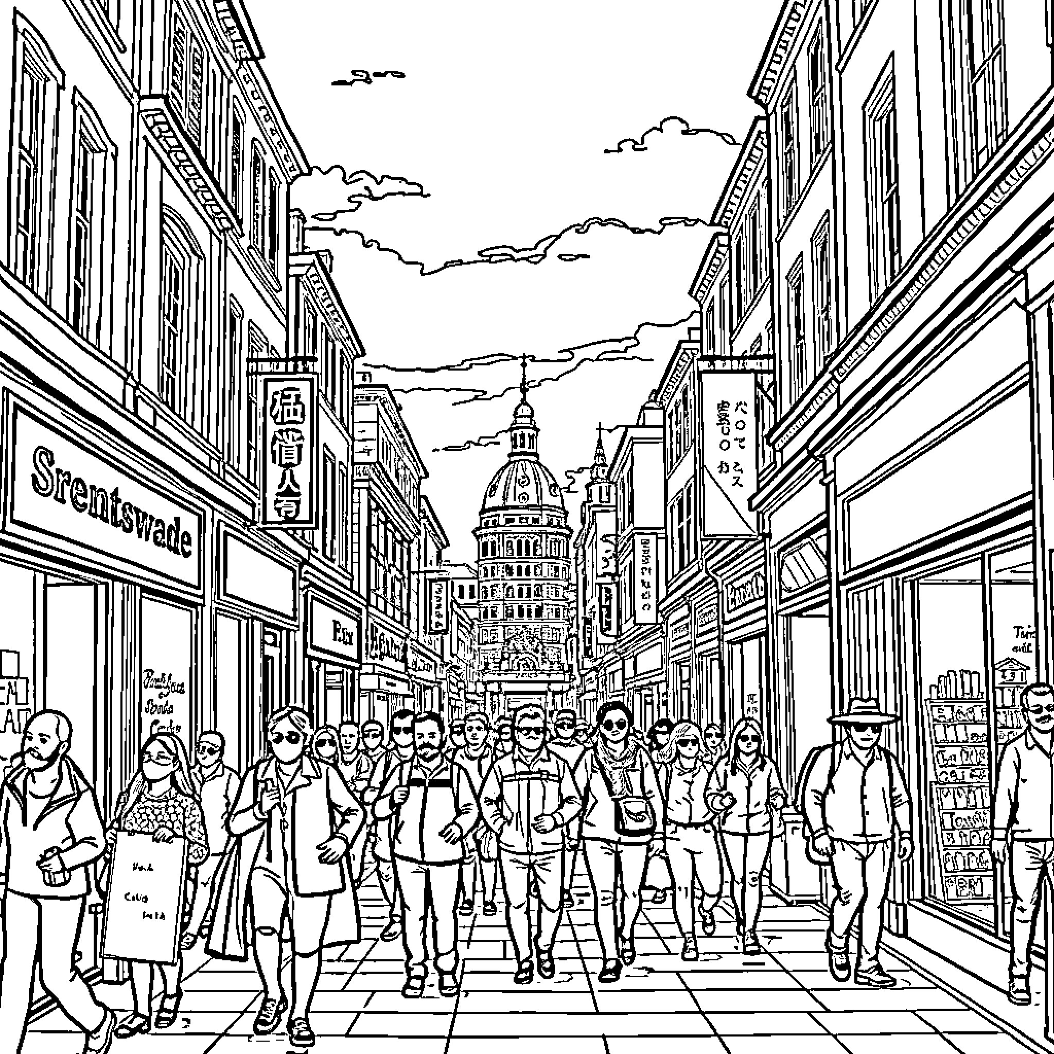 Main Street with Busy Pedestrians and Cityscape Coloring Page (free black-and-white line drawing printable PDF for all, from beginners to advanced learners, including children, teens, adults, and seniors)