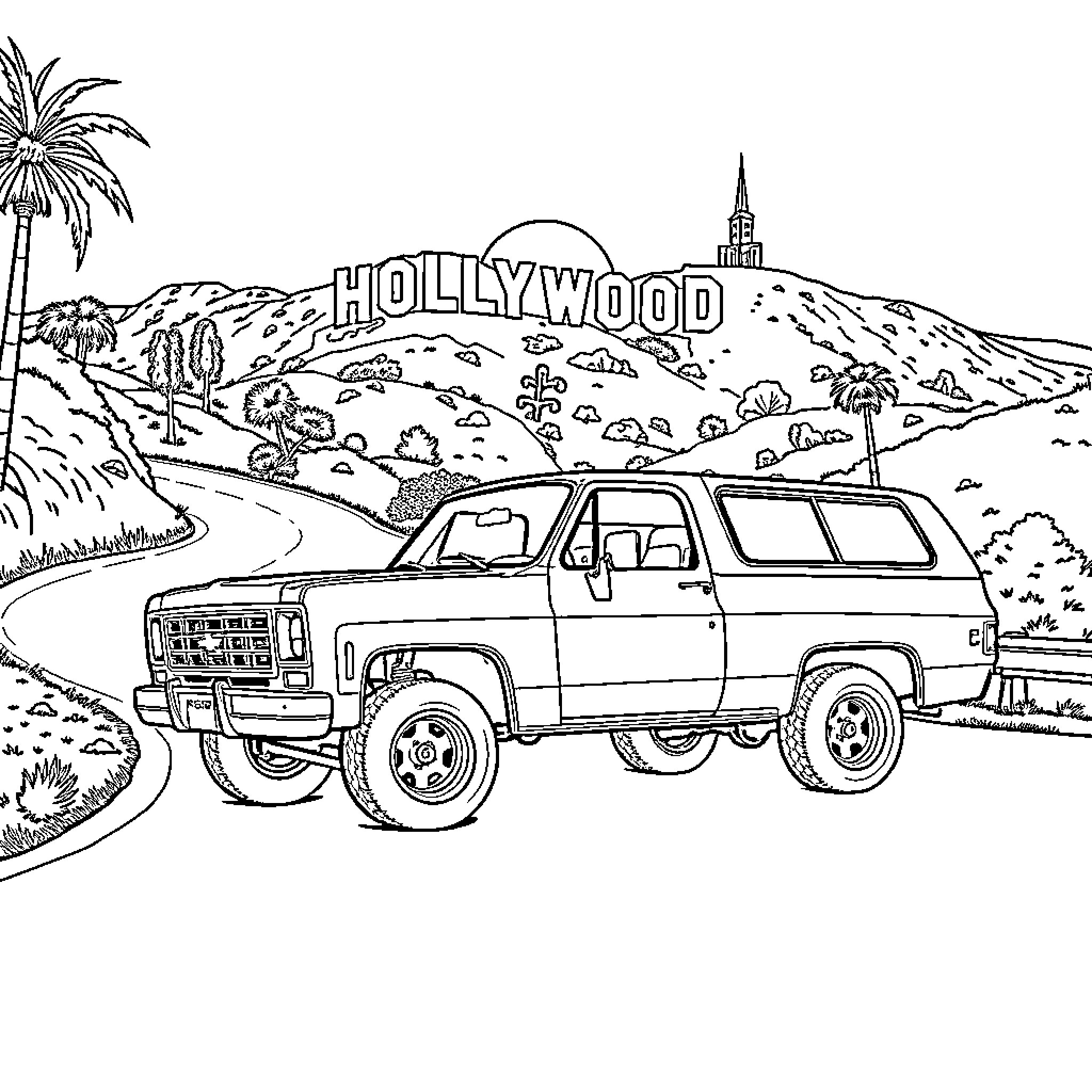 Chevy Blazer driving through the Hollywood hills Coloring Page (free black-and-white line drawing printable PDF for all, from beginners to advanced learners, including children, teens, adults, and seniors)