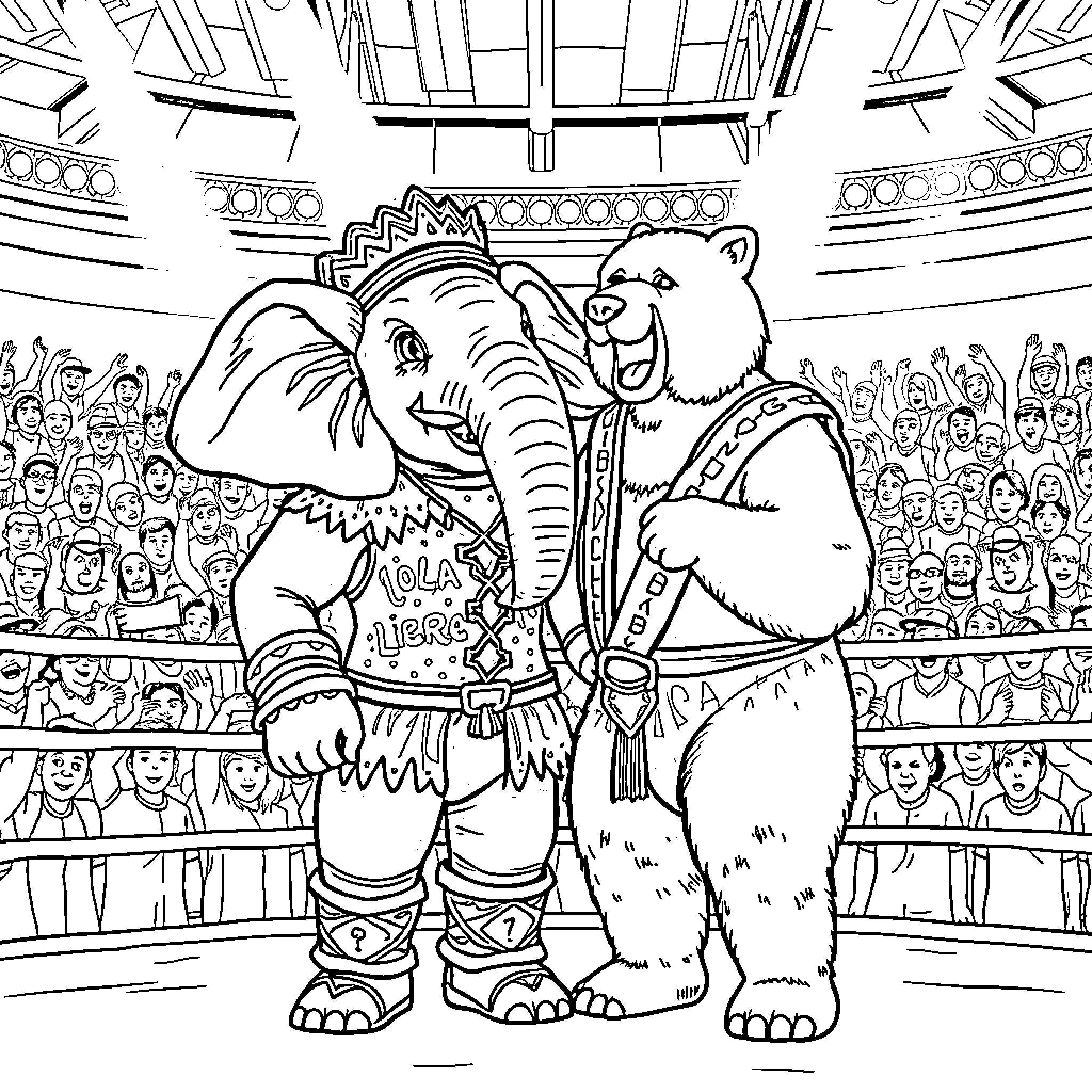 Elephant and Bear Performing in a Circus Arena Coloring Page (free black-and-white line drawing printable PDF for all, from beginners to advanced learners, including children, teens, adults, and seniors)
