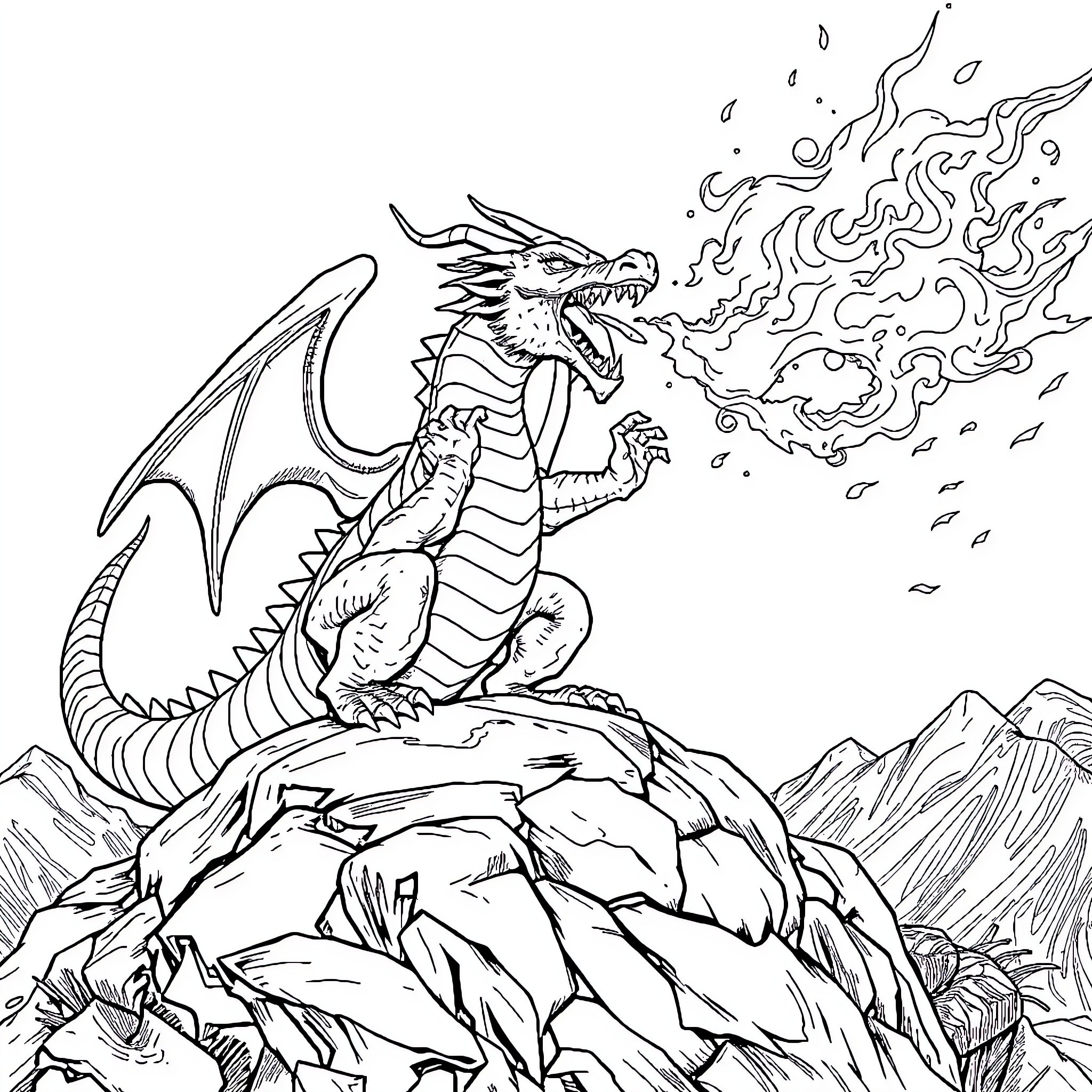 Dracaufeu breathing fire on top of rocky mountains Coloring Page (free black-and-white line drawing printable PDF for all, from beginners to advanced learners, including children, teens, adults, and seniors)