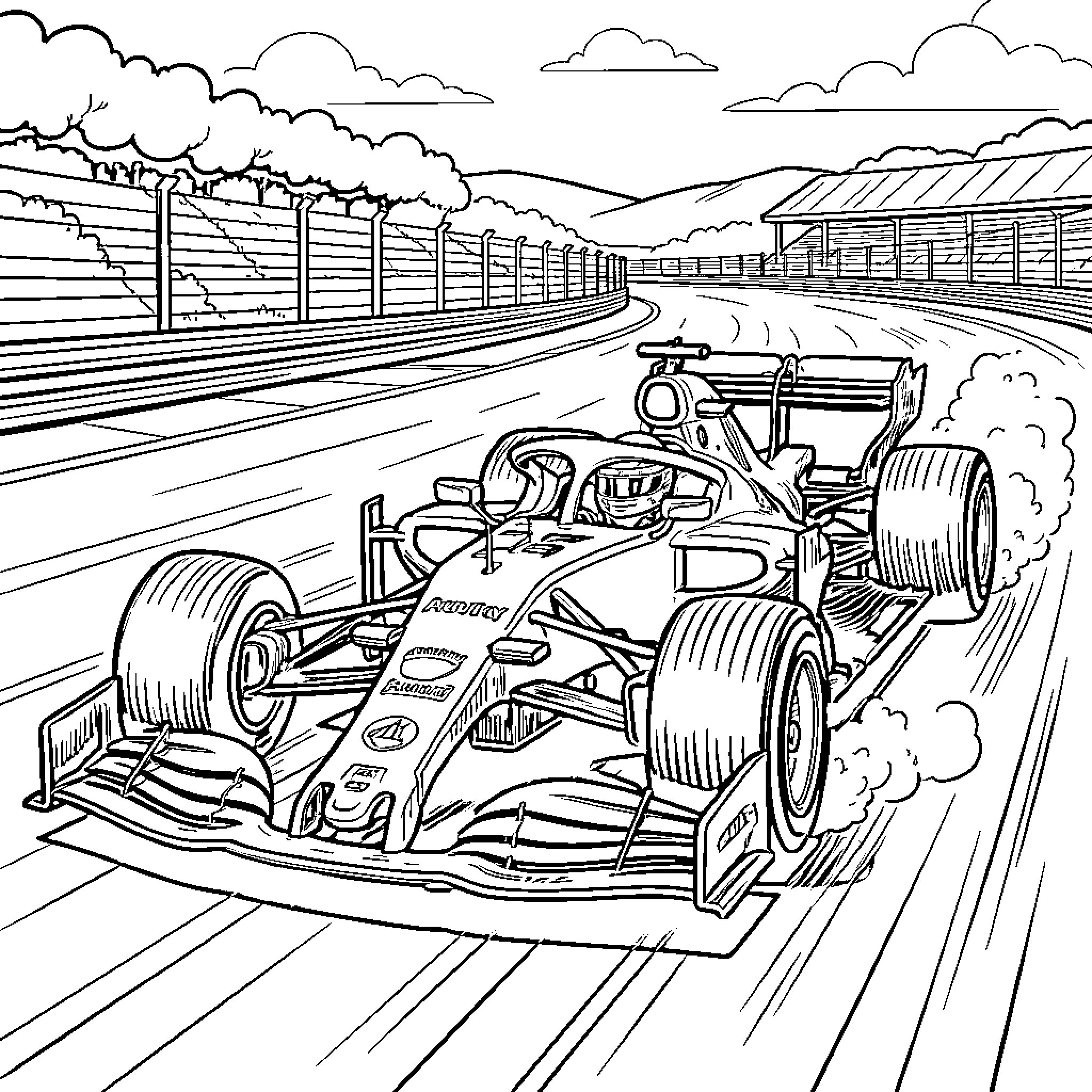 Gaby driving a racing car on a track Coloring Page (free black-and-white line drawing printable PDF for all, from beginners to advanced learners, including children, teens, adults, and seniors)