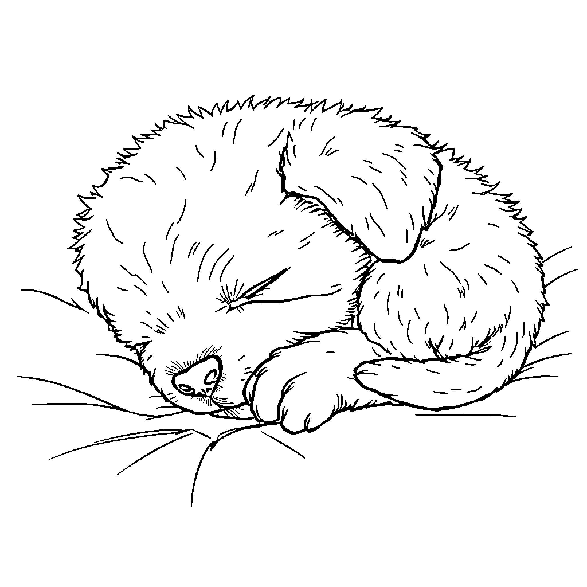 Puppy cuddled up and sleeping peacefully Coloring Page (free black-and-white line drawing printable PDF for all, from beginners to advanced learners, including children, teens, adults, and seniors)