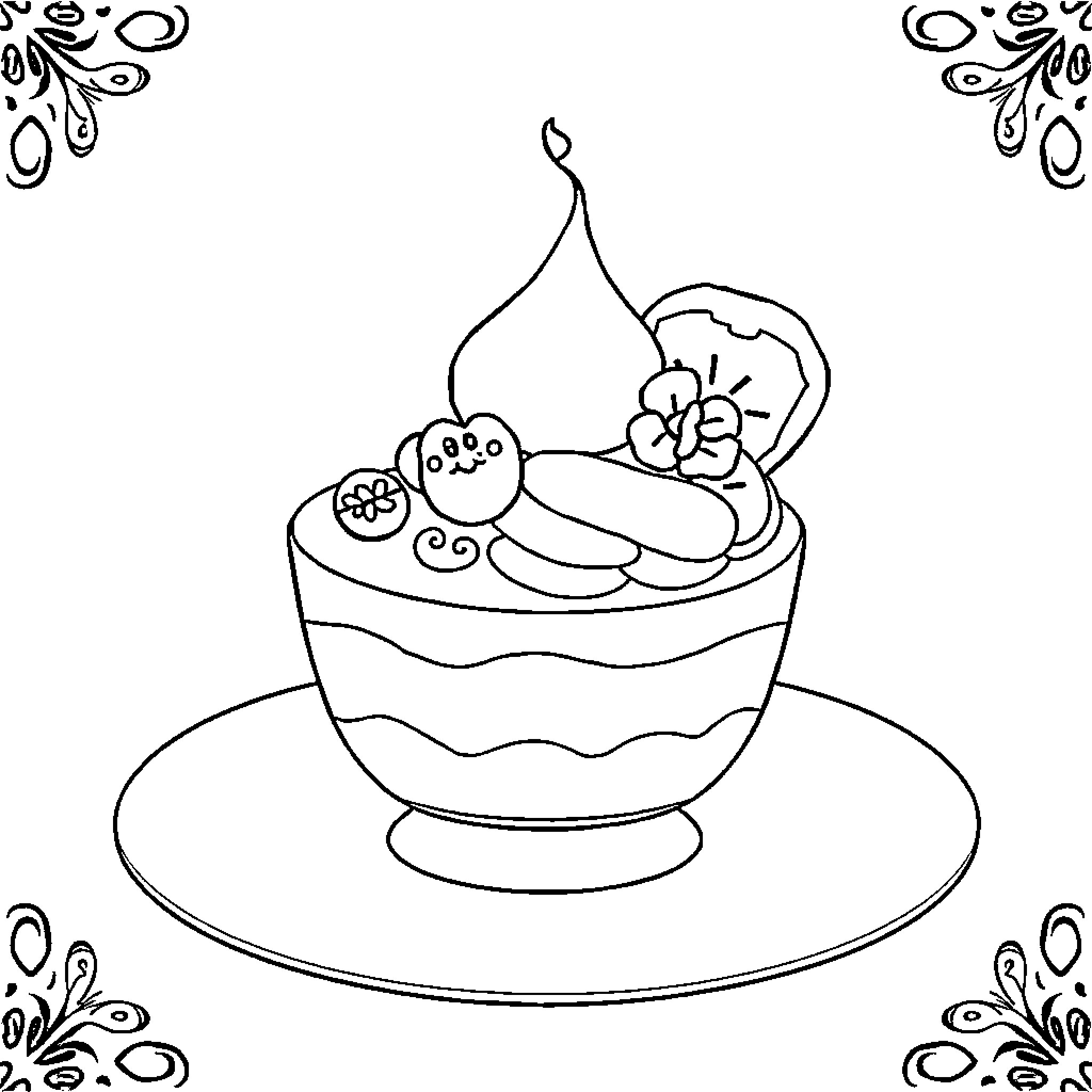 Panpan's Delightful Dessert Coloring Page (free black-and-white line drawing printable PDF for all, from beginners to advanced learners, including children, teens, adults, and seniors)