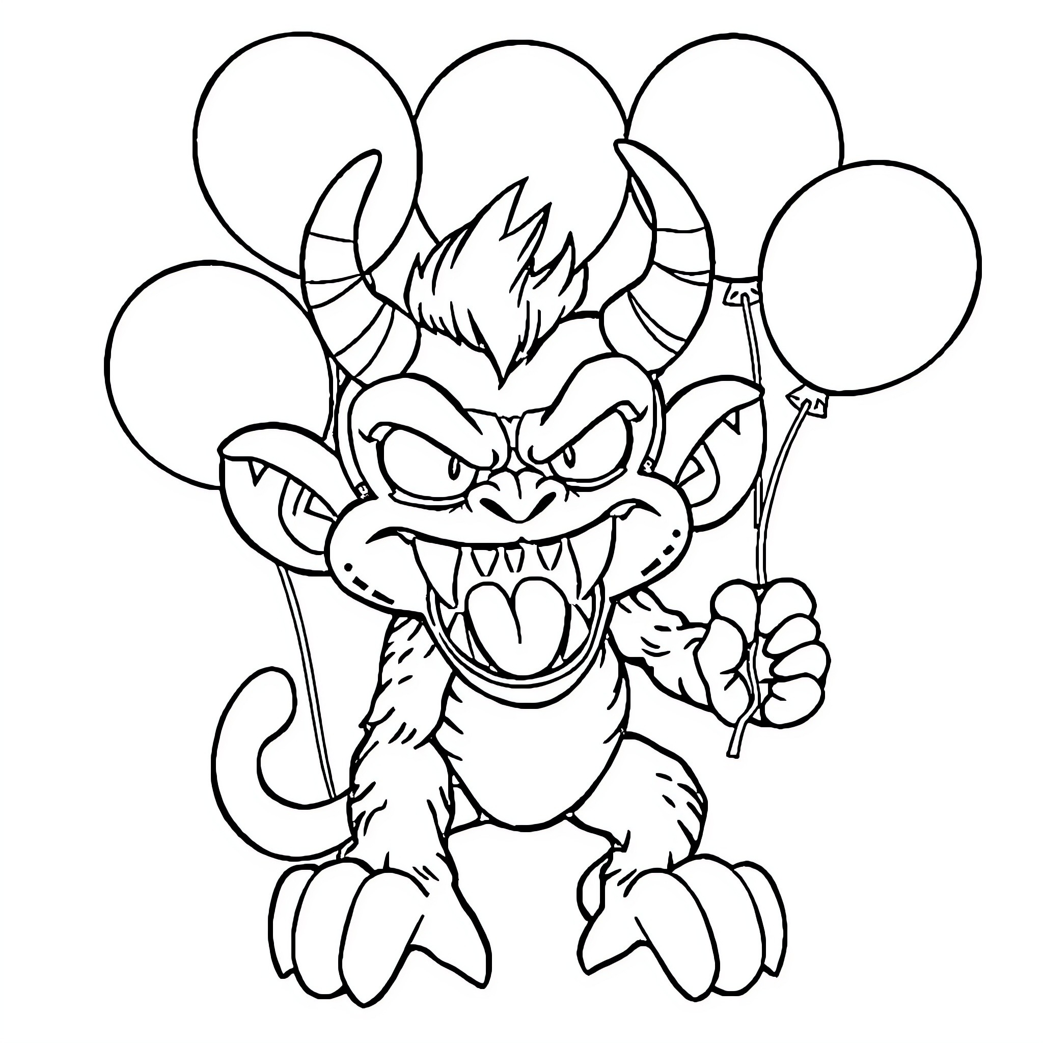 Demogorgon Holding Balloons with Mischievous Expression Coloring Page (free black-and-white line drawing printable PDF for all, from beginners to advanced learners, including children, teens, adults, and seniors)