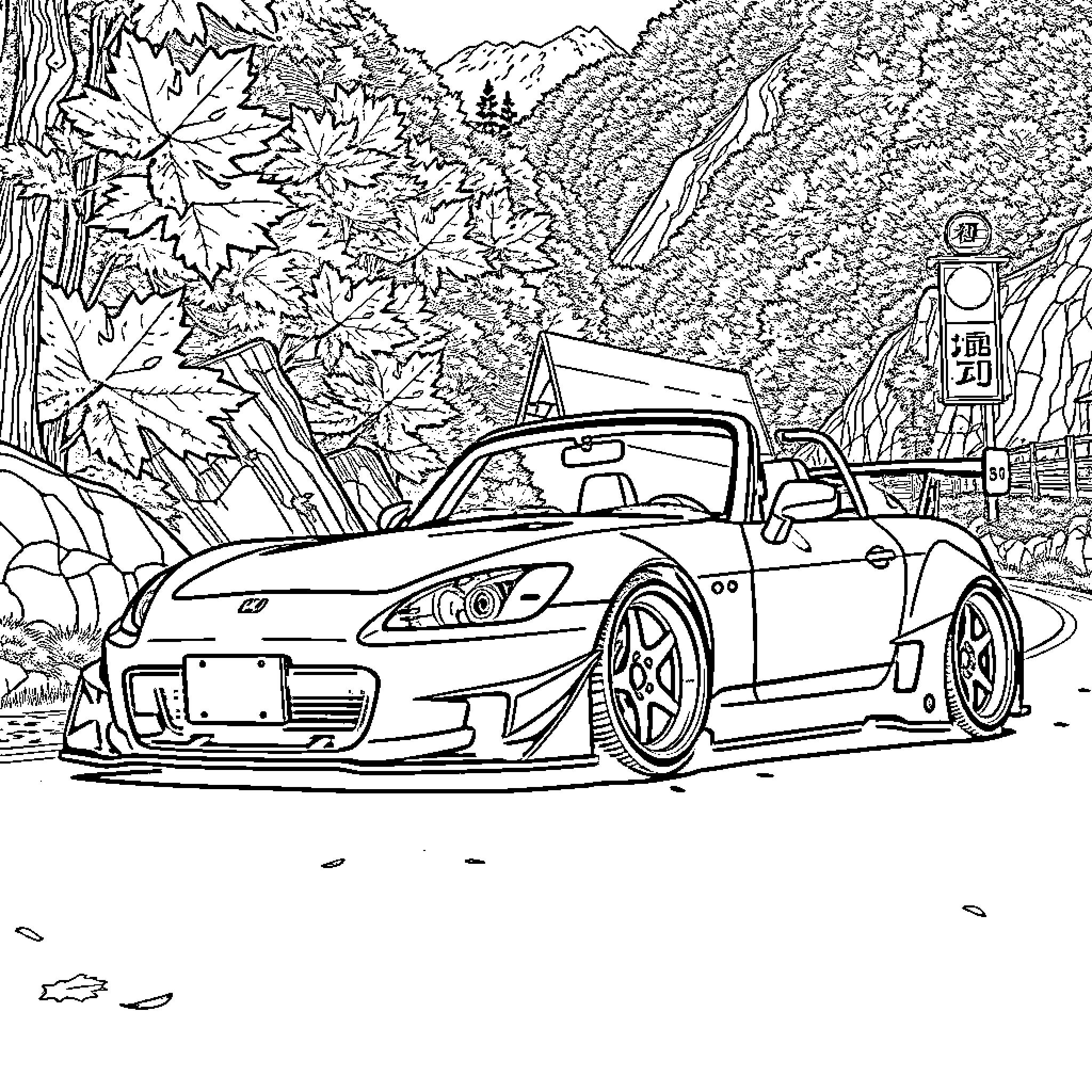 Honda S2000 driving through scenic nature landscape Coloring Page (free black-and-white line drawing printable PDF for all, from beginners to advanced learners, including children, teens, adults, and seniors)