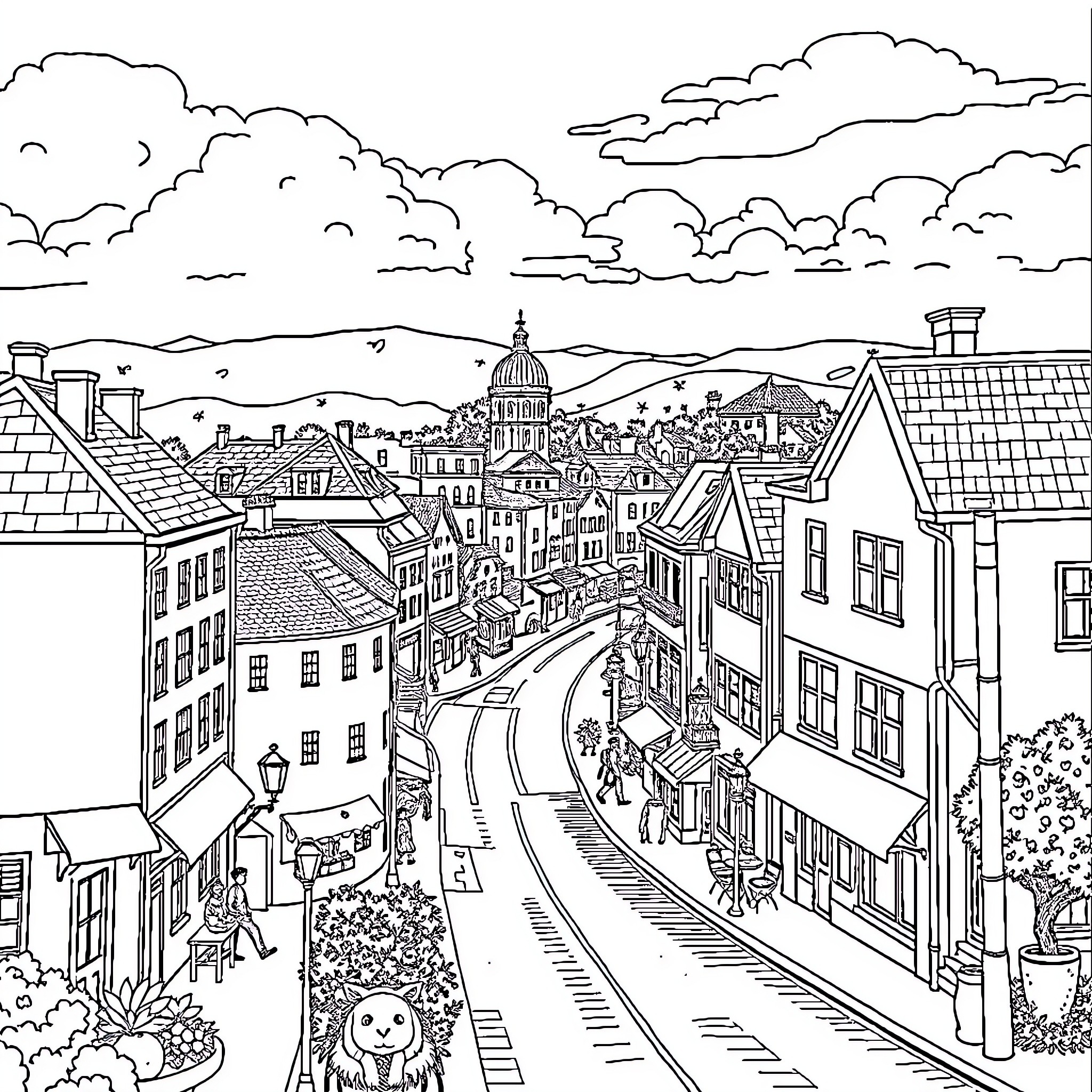 Alexandra's Charming City Stroll Coloring Page (free black-and-white line drawing printable PDF for all, from beginners to advanced learners, including children, teens, adults, and seniors)