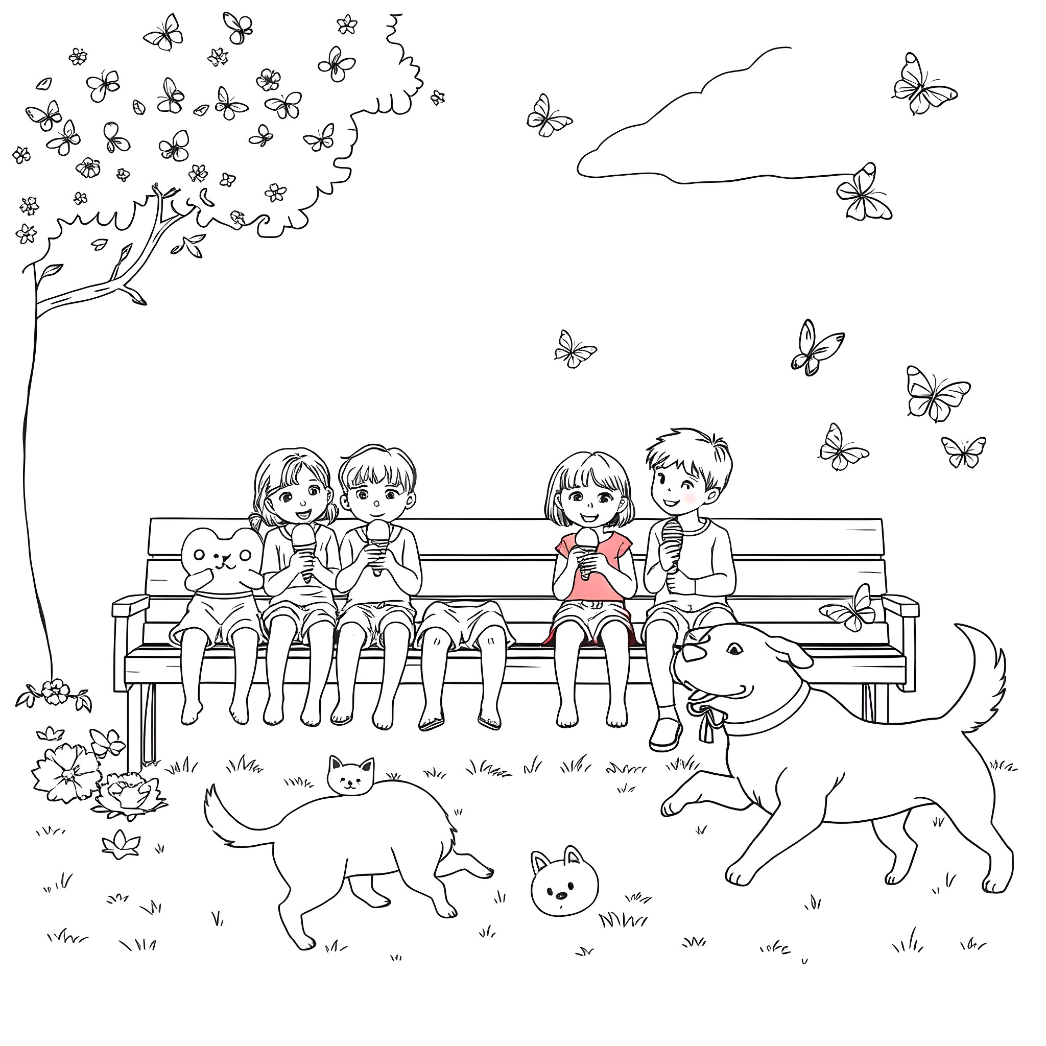 Ice Cream Shared with Friends in the Park Coloring Page (free black-and-white line drawing printable PDF for all, from beginners to advanced learners, including children, teens, adults, and seniors)