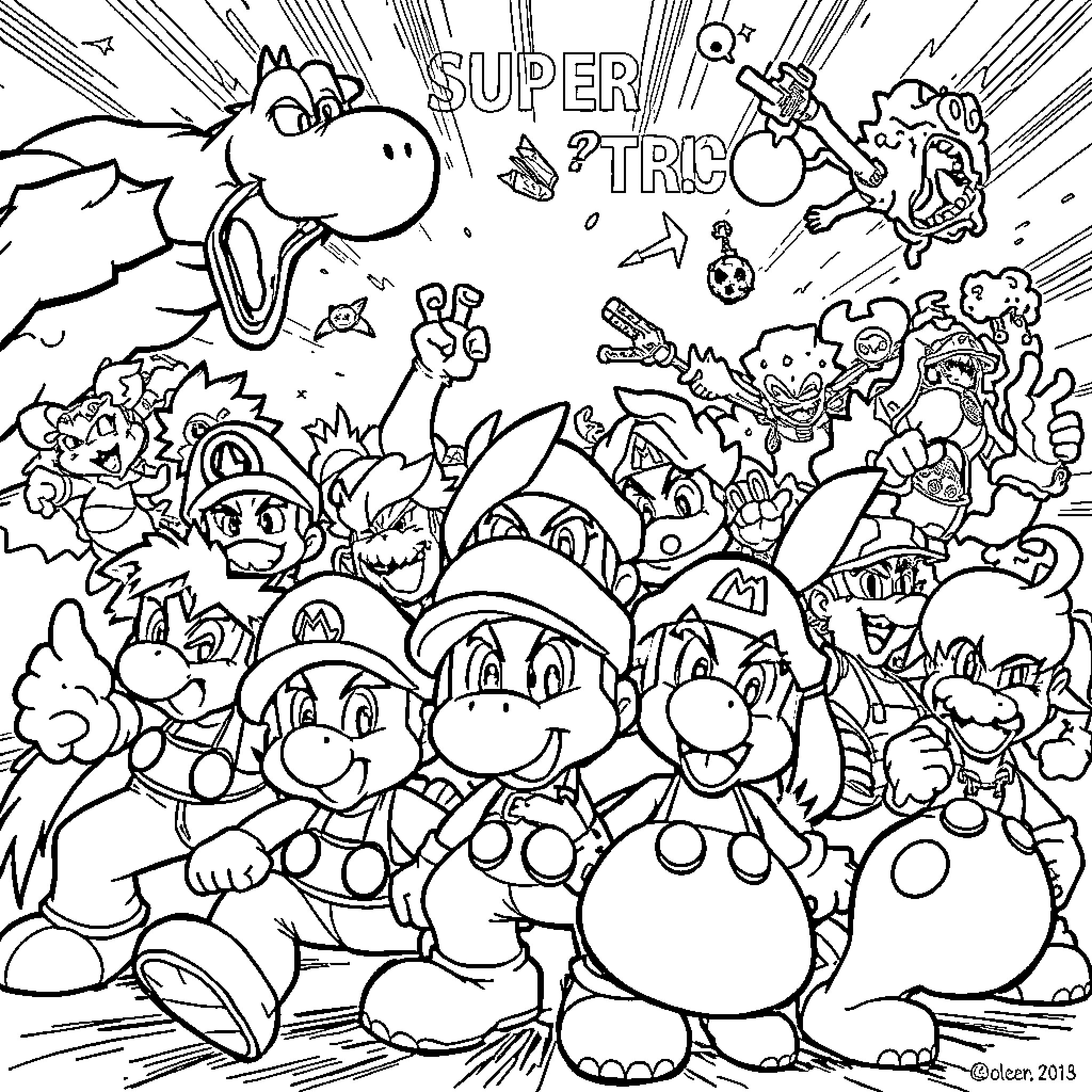 Super Smash Bros Characters in Chaotic Battle Coloring Page (free black-and-white line drawing printable PDF for all, from beginners to advanced learners, including children, teens, adults, and seniors)