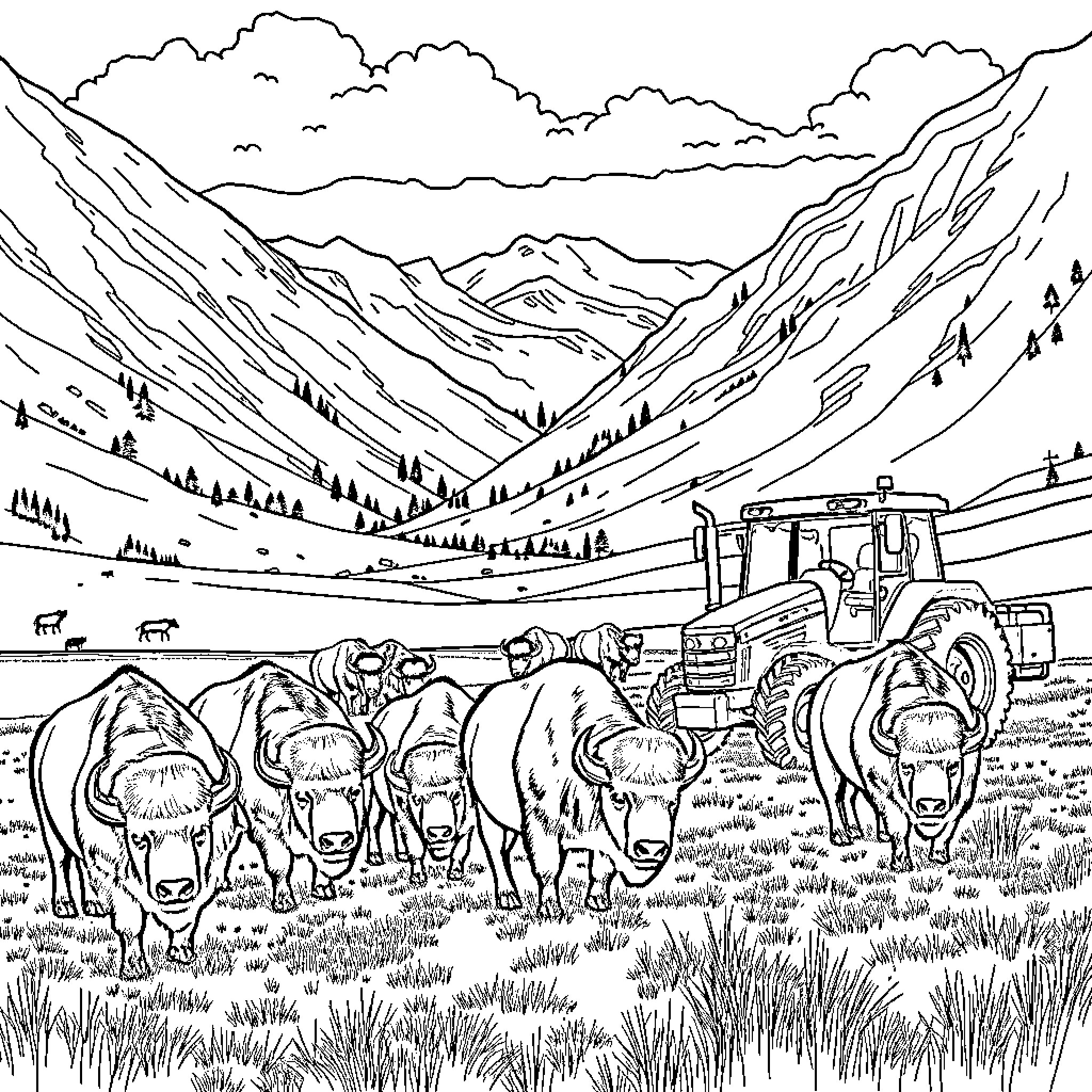 Bison grazing peacefully in the mountain landscape Coloring Page (free black-and-white line drawing printable PDF for all, from beginners to advanced learners, including children, teens, adults, and seniors)