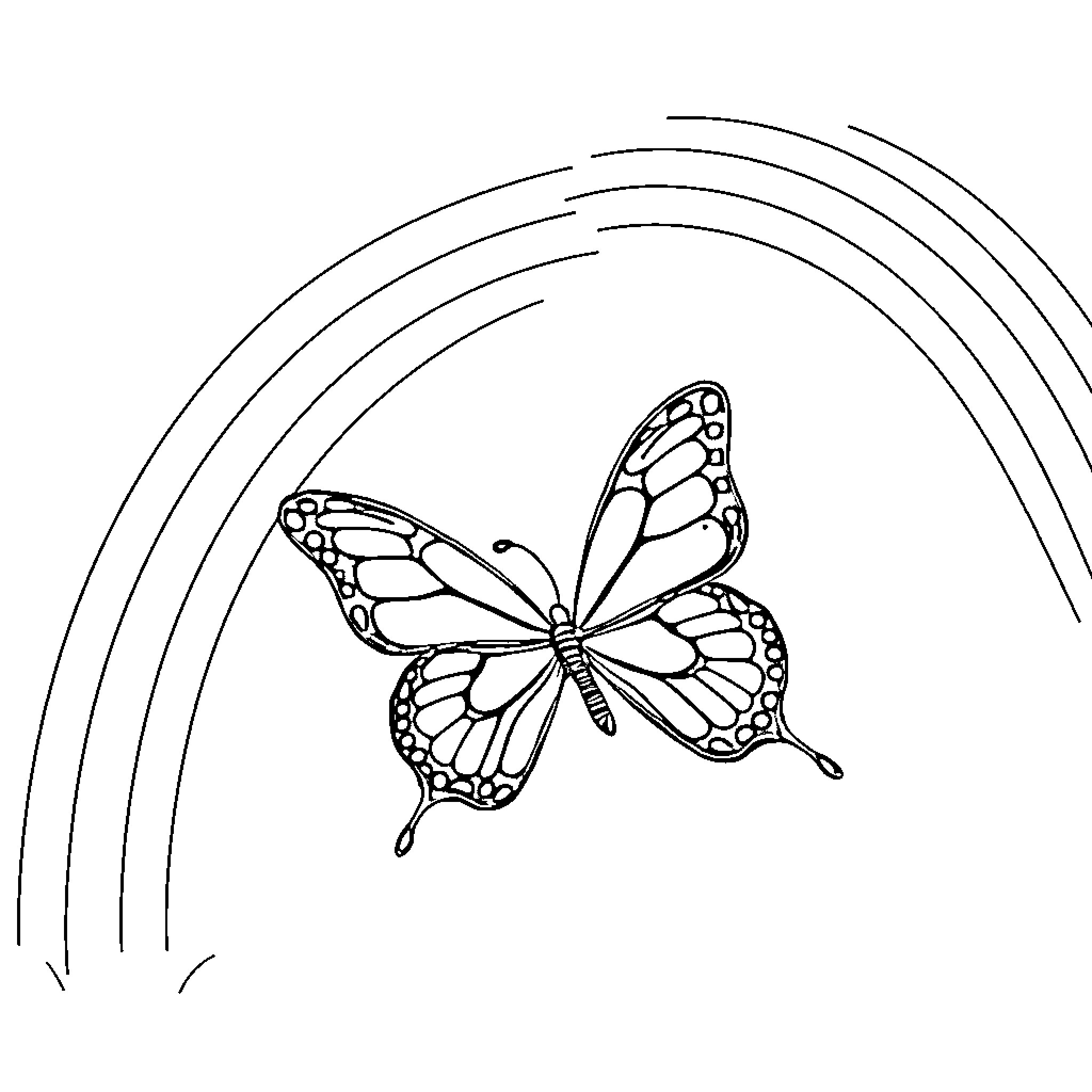 Butterfly flying gracefully amidst swirling lines Coloring Page (free black-and-white line drawing printable PDF for all, from beginners to advanced learners, including children, teens, adults, and seniors)