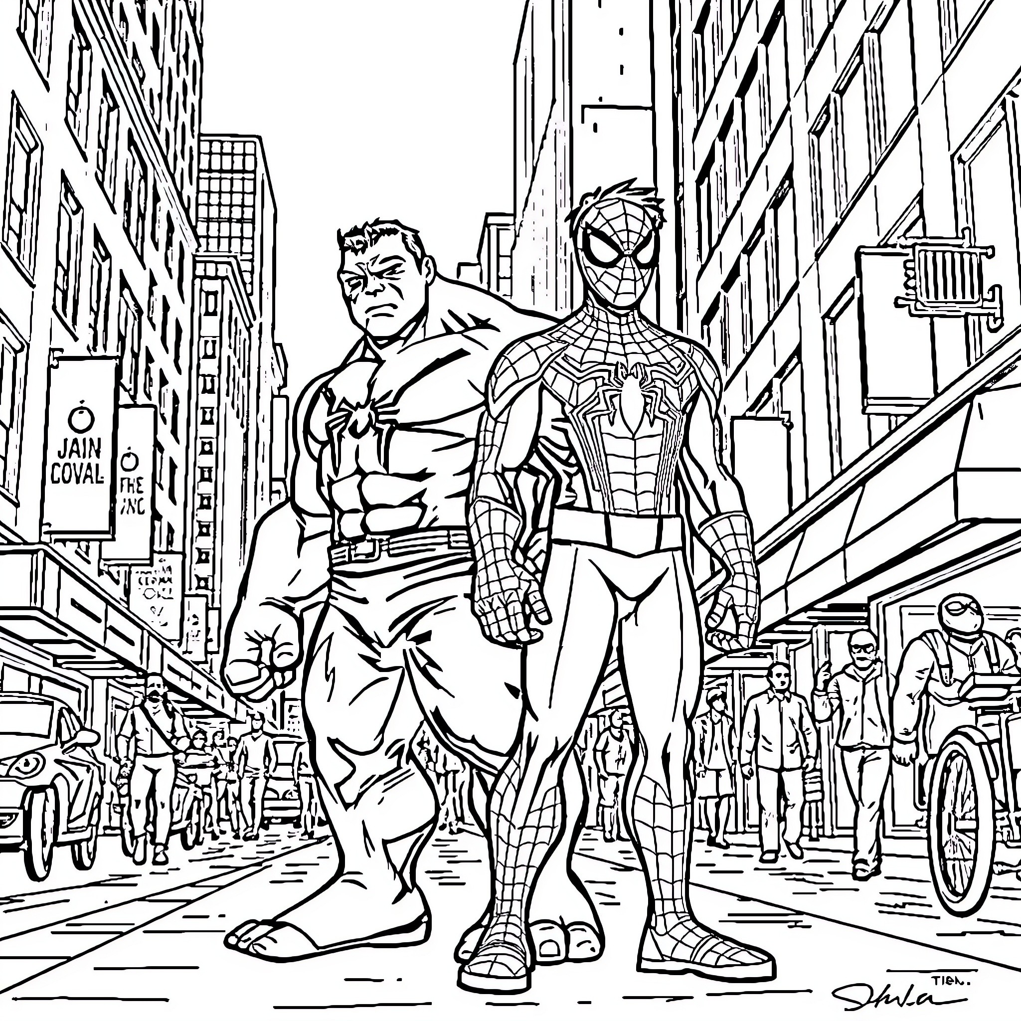 Hulk and Spider-Man battle in the city streets Coloring Page (free black-and-white line drawing printable PDF for all, from beginners to advanced learners, including children, teens, adults, and seniors)