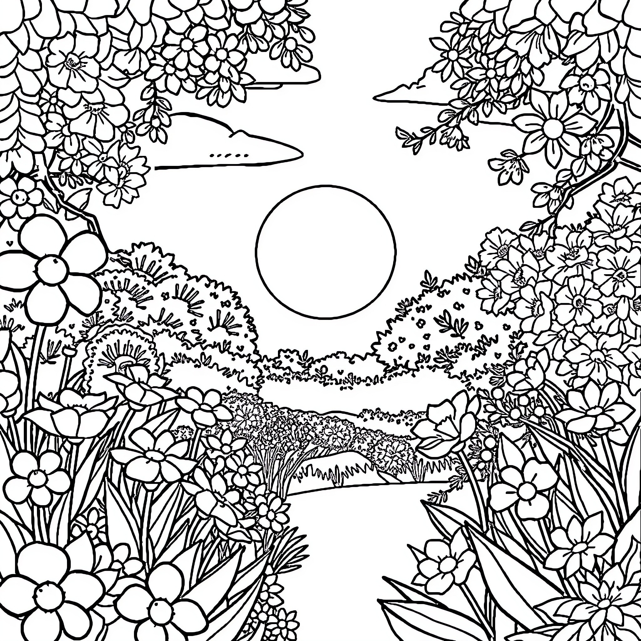 Summer Floral Wonderland Coloring Page (free black-and-white line drawing printable PDF for all, from beginners to advanced learners, including children, teens, adults, and seniors)