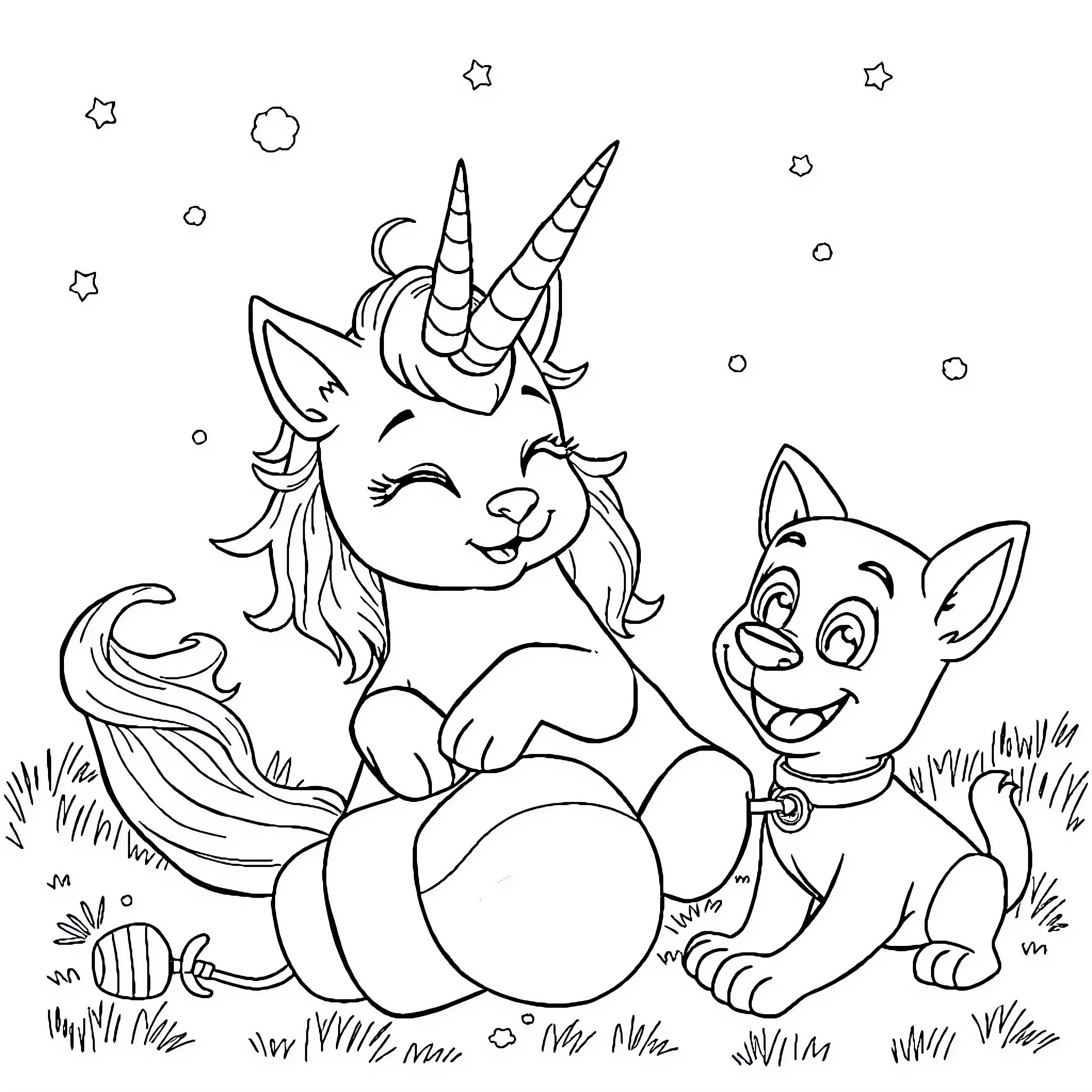 Unicorn Cat playing happily with a puppy in a field Coloring Page (free black-and-white line drawing printable PDF for all, from beginners to advanced learners, including children, teens, adults, and seniors)