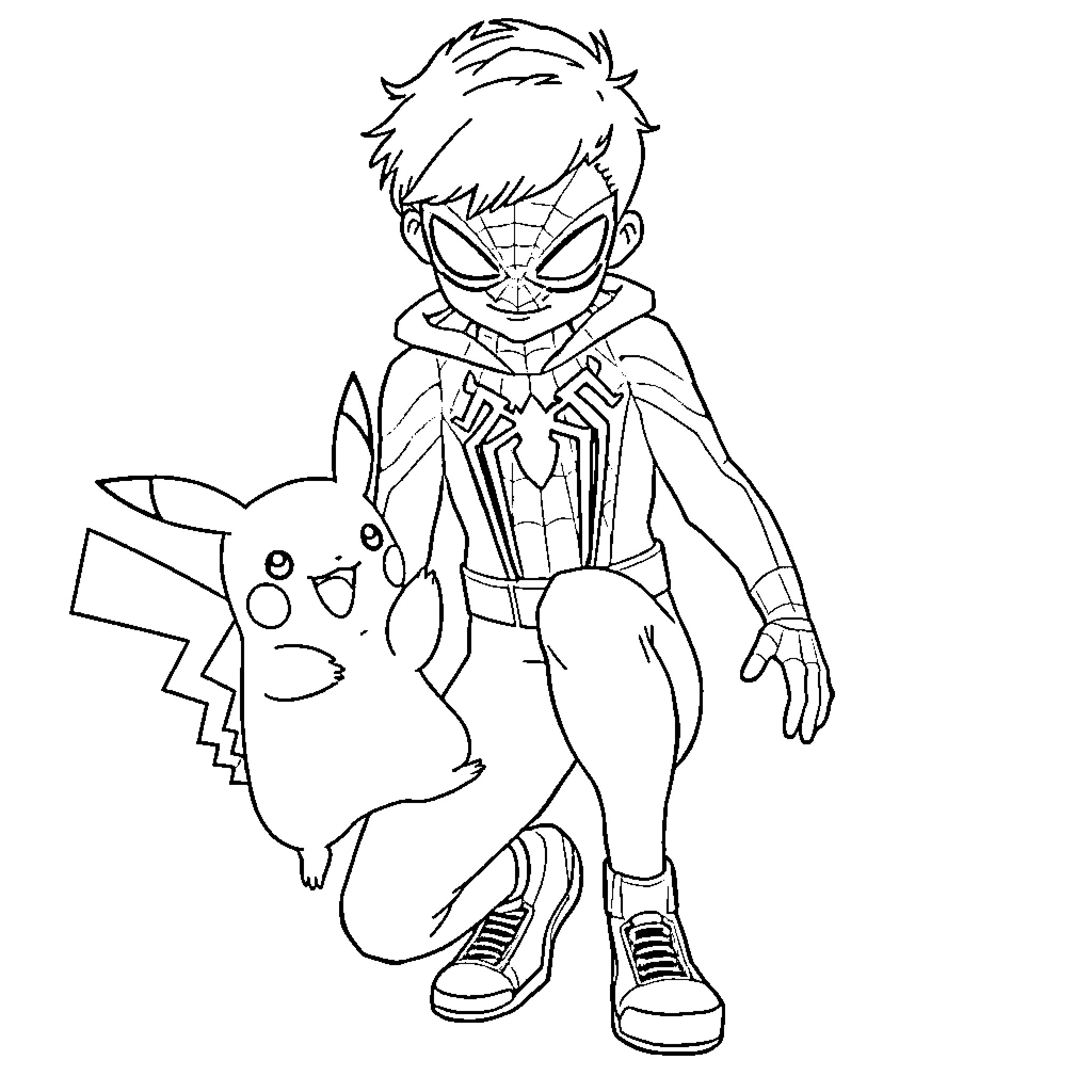 Kid playing with a cute creature in superhero outfit Coloring Page (free black-and-white line drawing printable PDF for all, from beginners to advanced learners, including children, teens, adults, and seniors)