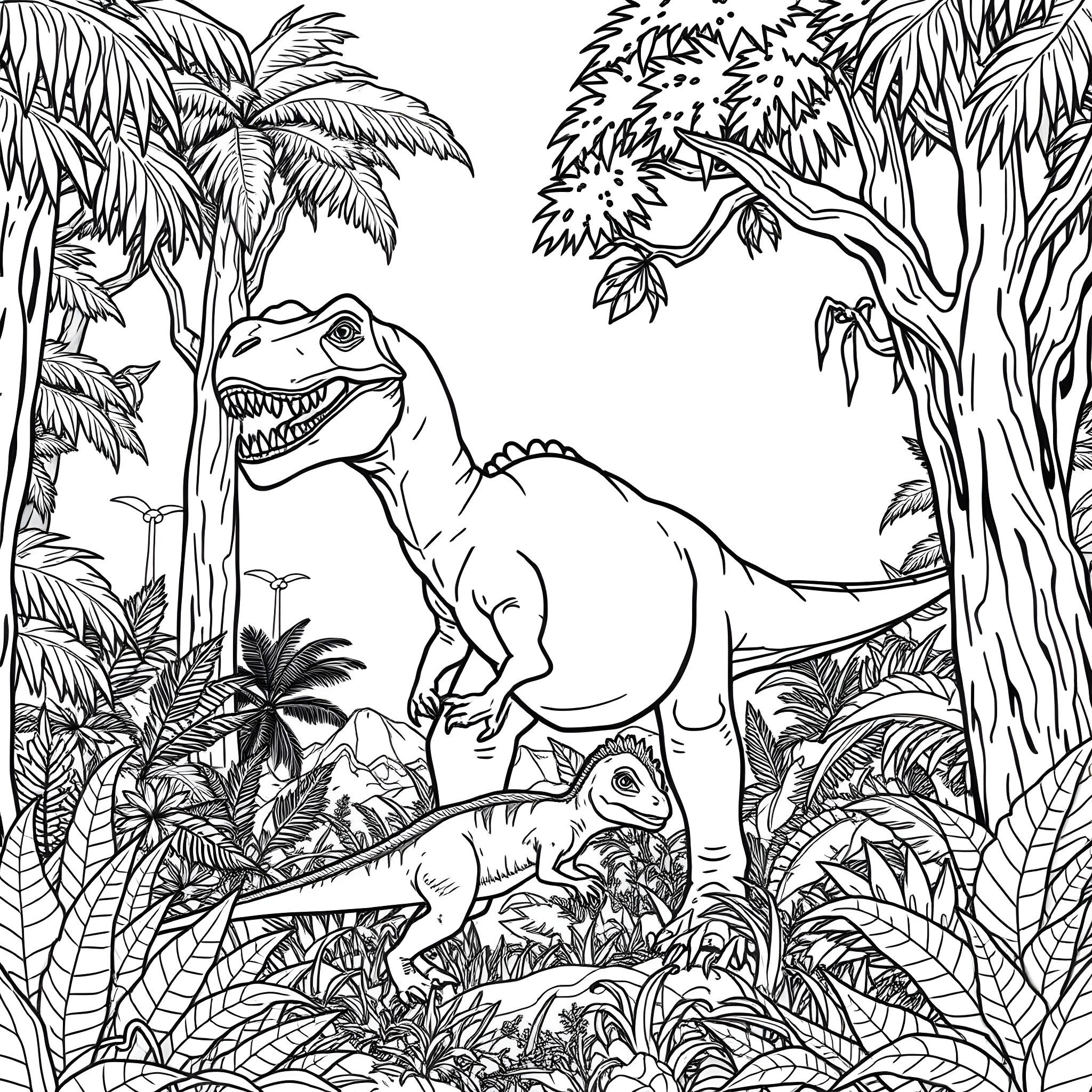 Spinosaurus exploring the lush prehistoric jungle Coloring Page (free black-and-white line drawing printable PDF for all, from beginners to advanced learners, including children, teens, adults, and seniors)