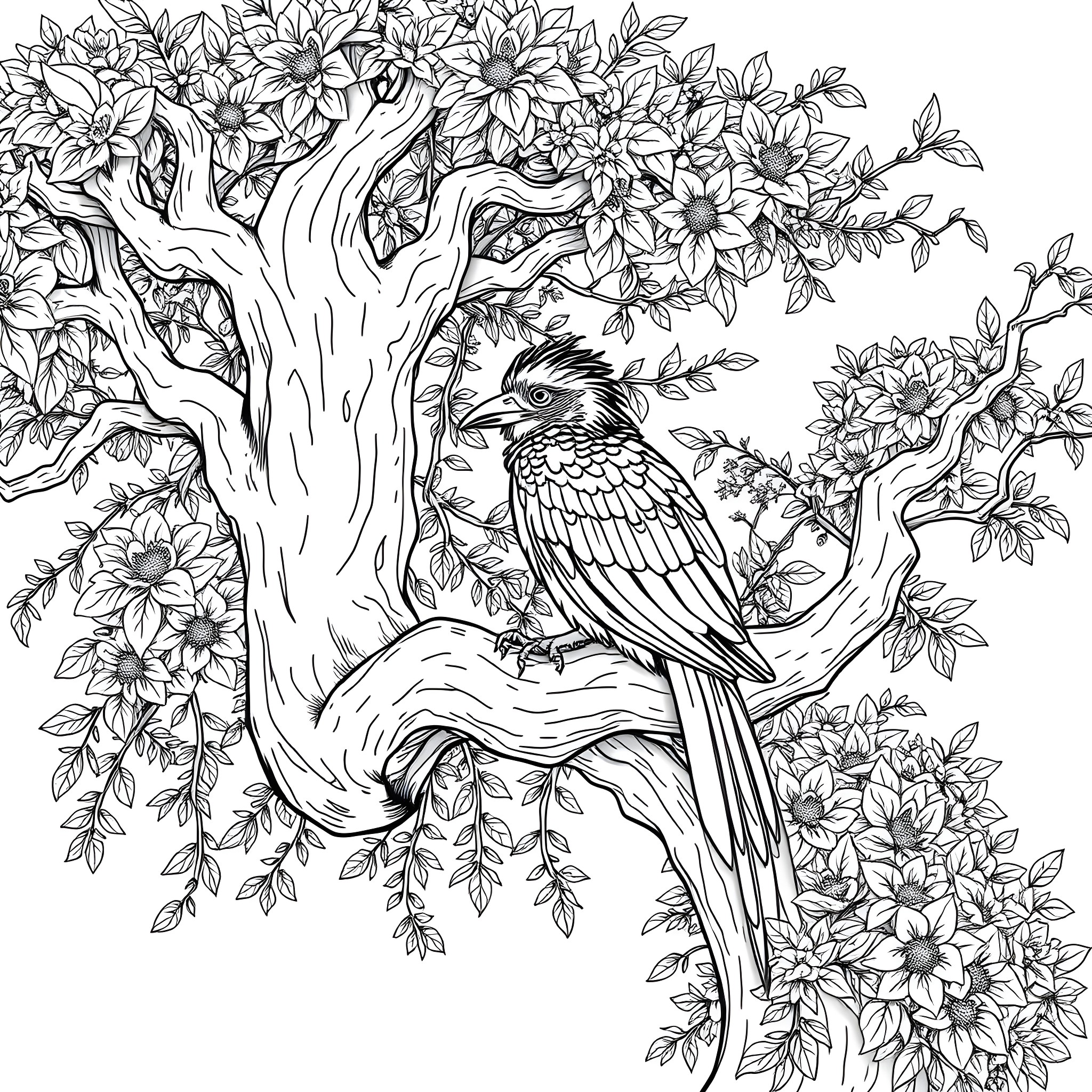 Passerina bird amidst flourishing floral foliage Coloring Page (free black-and-white line drawing printable PDF for all, from beginners to advanced learners, including children, teens, adults, and seniors)