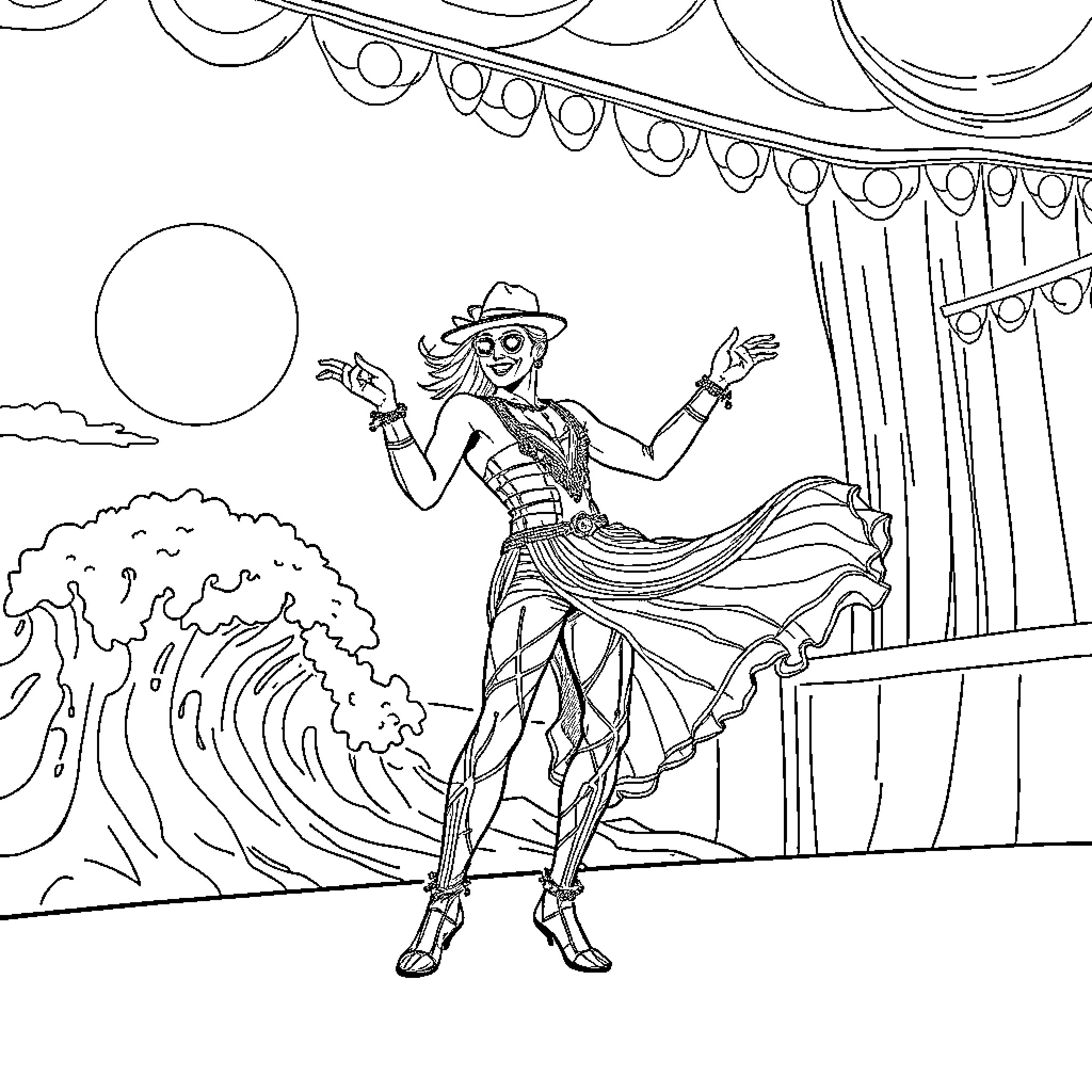 Jax the Theatrical Performer on Stage Coloring Page (free black-and-white line drawing printable PDF for all, from beginners to advanced learners, including children, teens, adults, and seniors)
