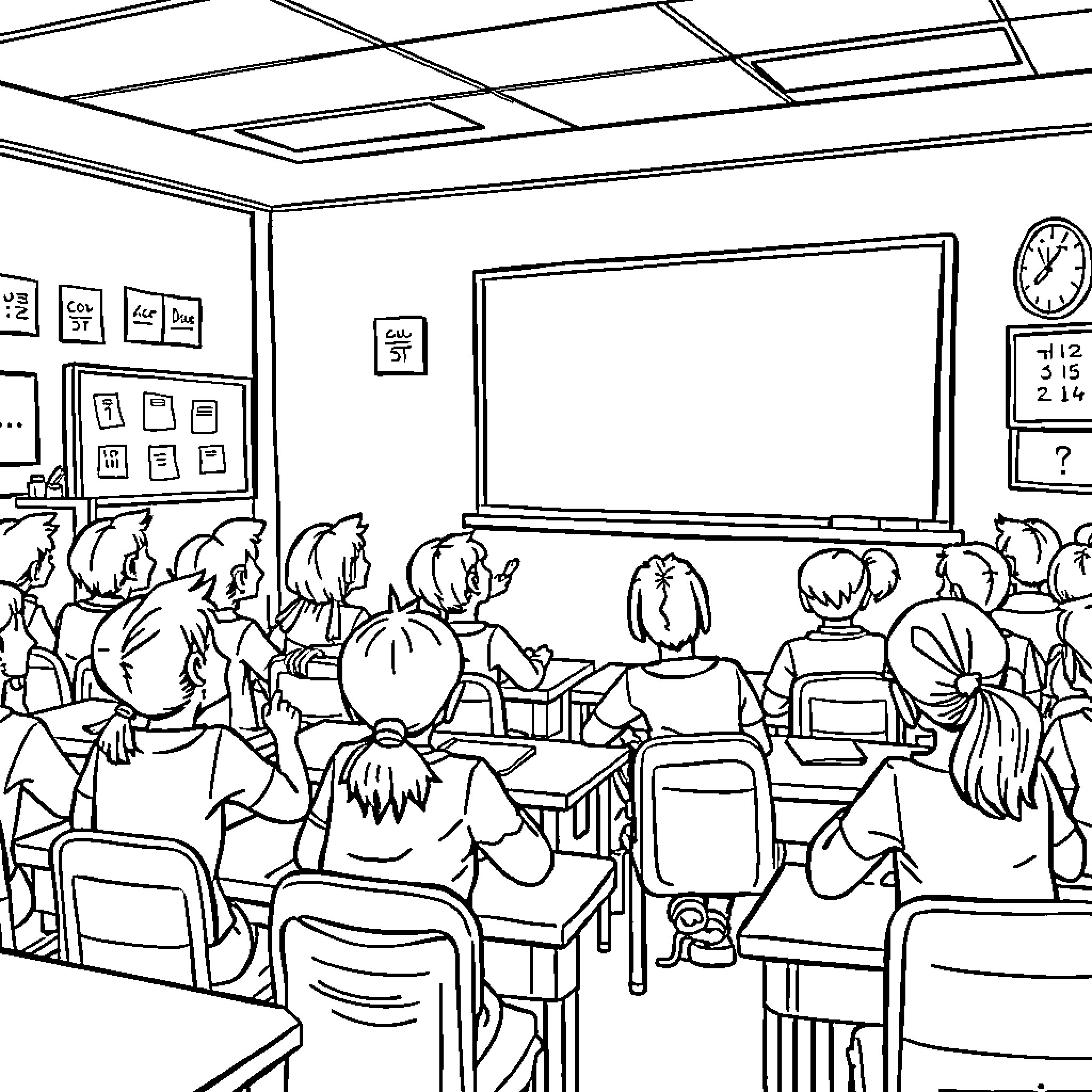 Students engaged in classroom learning activities Coloring Page (free black-and-white line drawing printable PDF for all, from beginners to advanced learners, including children, teens, adults, and seniors)