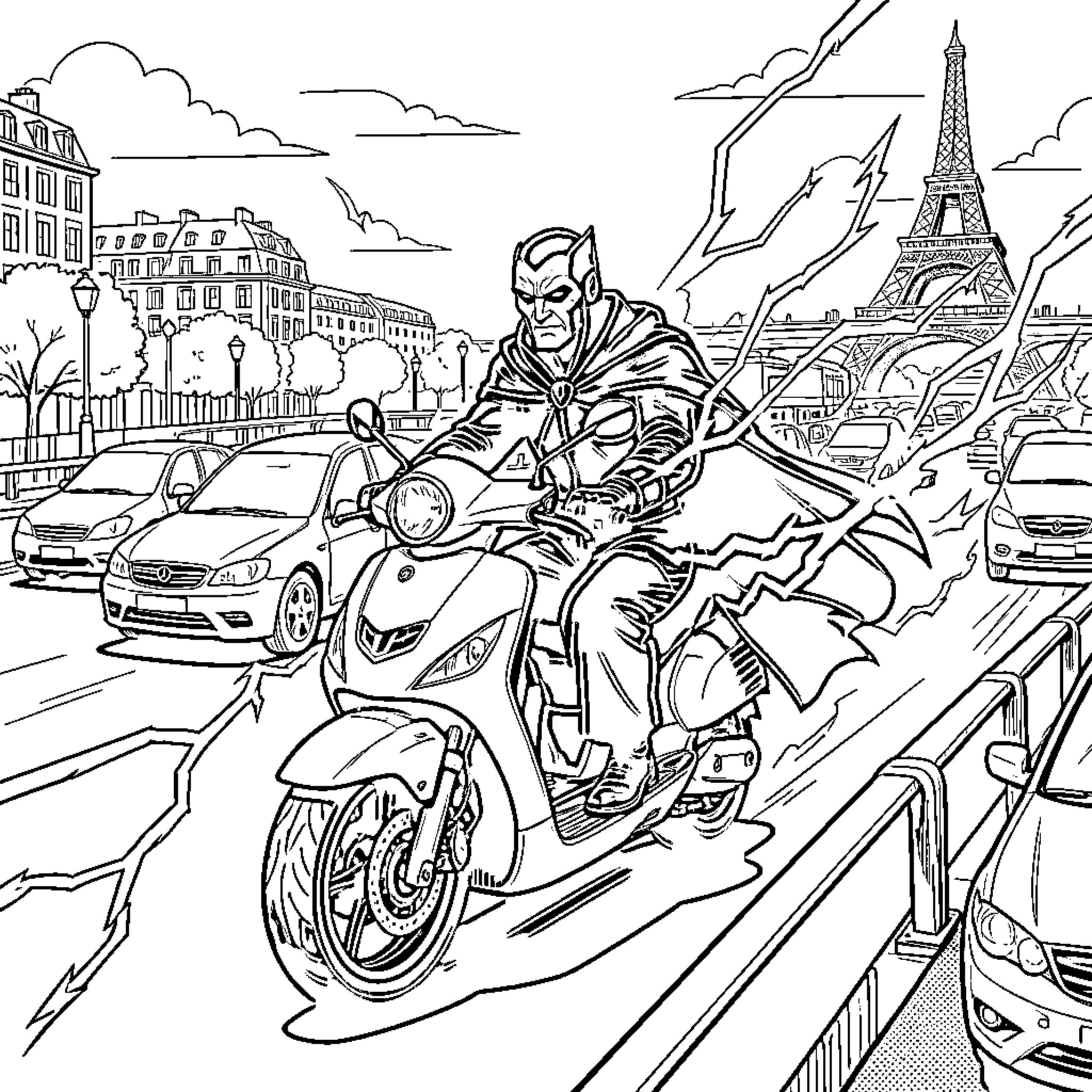 Dark Sidious riding a scooter through a city street Coloring Page (free black-and-white line drawing printable PDF for all, from beginners to advanced learners, including children, teens, adults, and seniors)