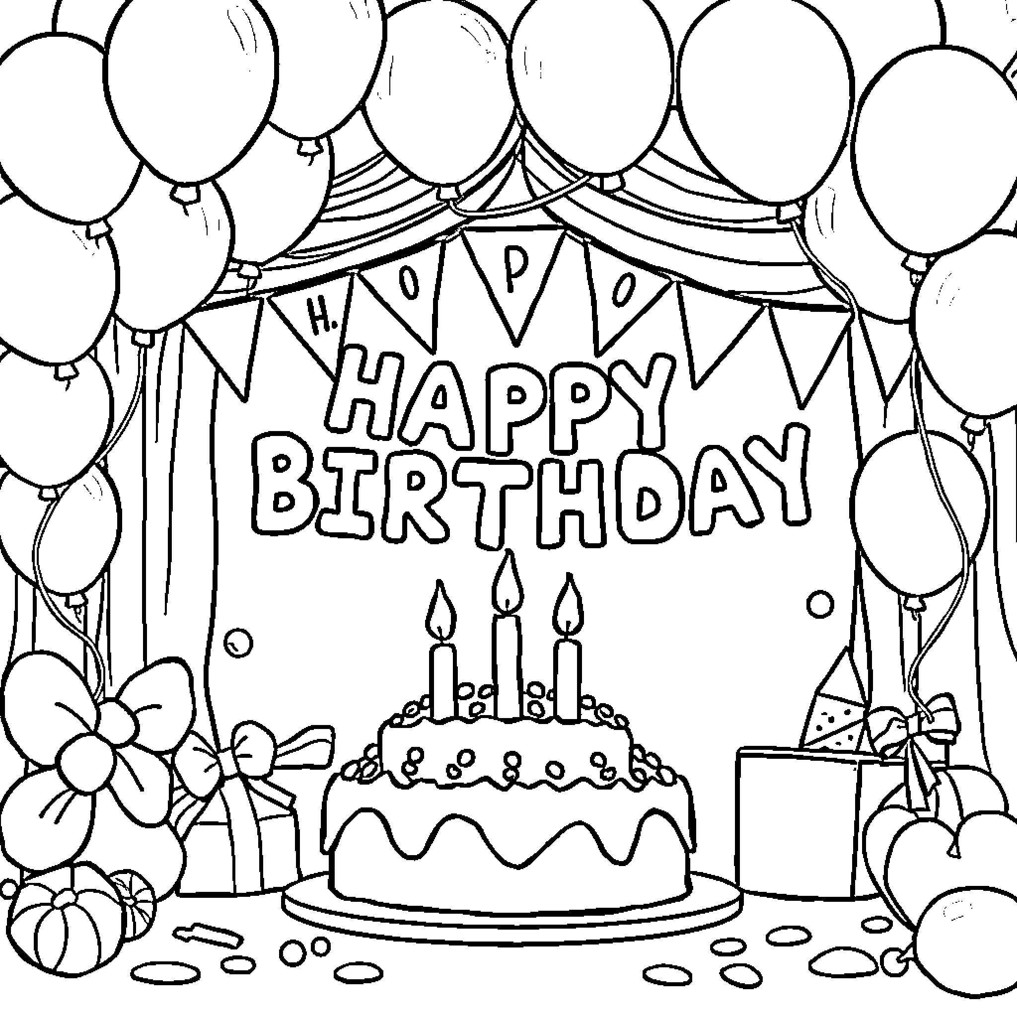 Birthday celebration with festive decorations and cake Coloring Page (free black-and-white line drawing printable PDF for all, from beginners to advanced learners, including children, teens, adults, and seniors)