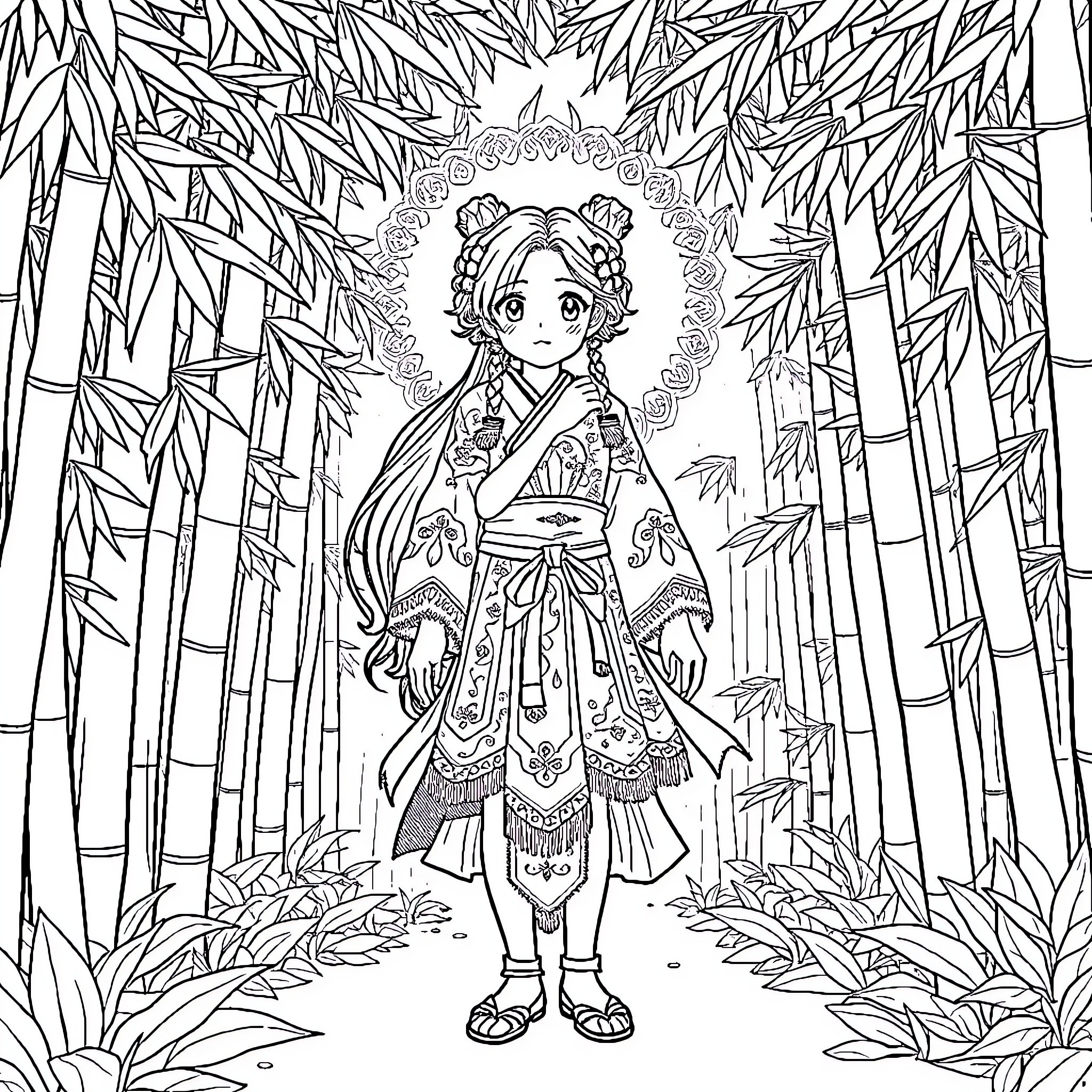 Girl in Ornate Japanese Kimono in Bamboo Forest Coloring Page (free black-and-white line drawing printable PDF for all, from beginners to advanced learners, including children, teens, adults, and seniors)