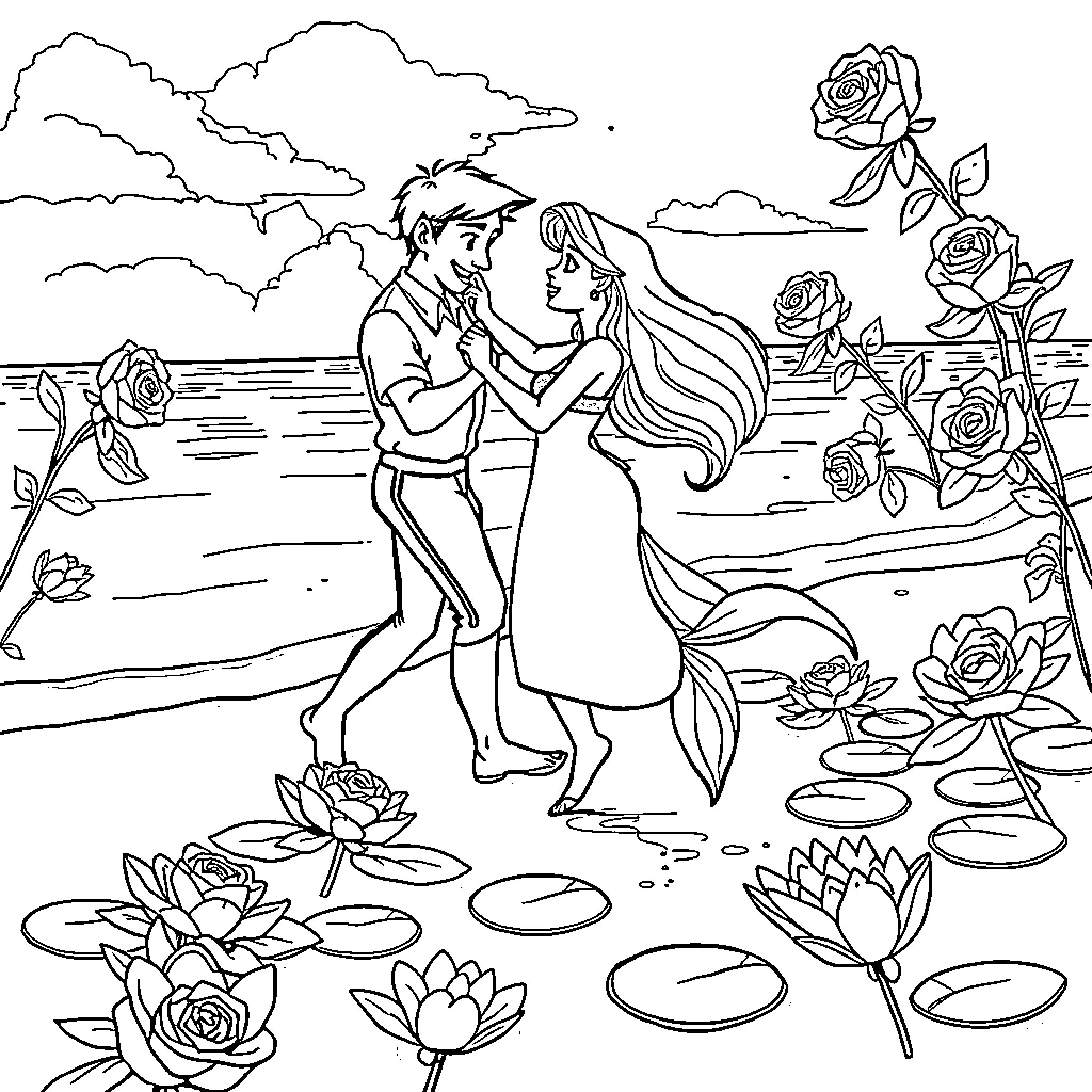 Ariel and Eric dancing by the lake Coloring Page (free black-and-white line drawing printable PDF for all, from beginners to advanced learners, including children, teens, adults, and seniors)