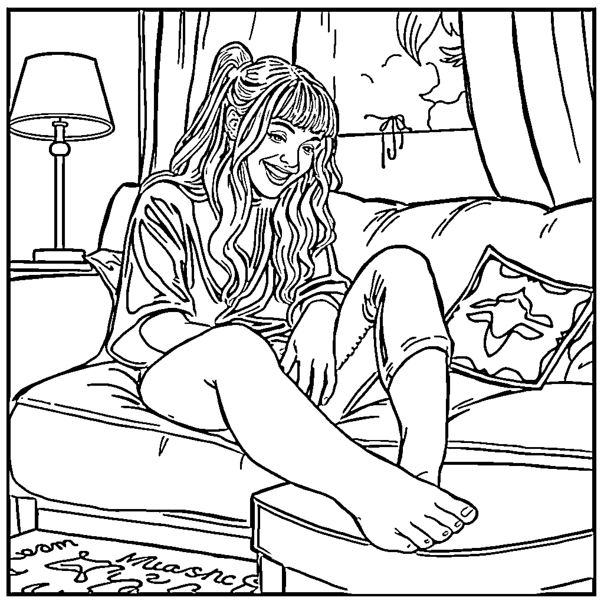 Billie Eilish relaxing in a cozy bedroom setting Coloring Page (free black-and-white line drawing printable PDF for all, from beginners to advanced learners, including children, teens, adults, and seniors)
