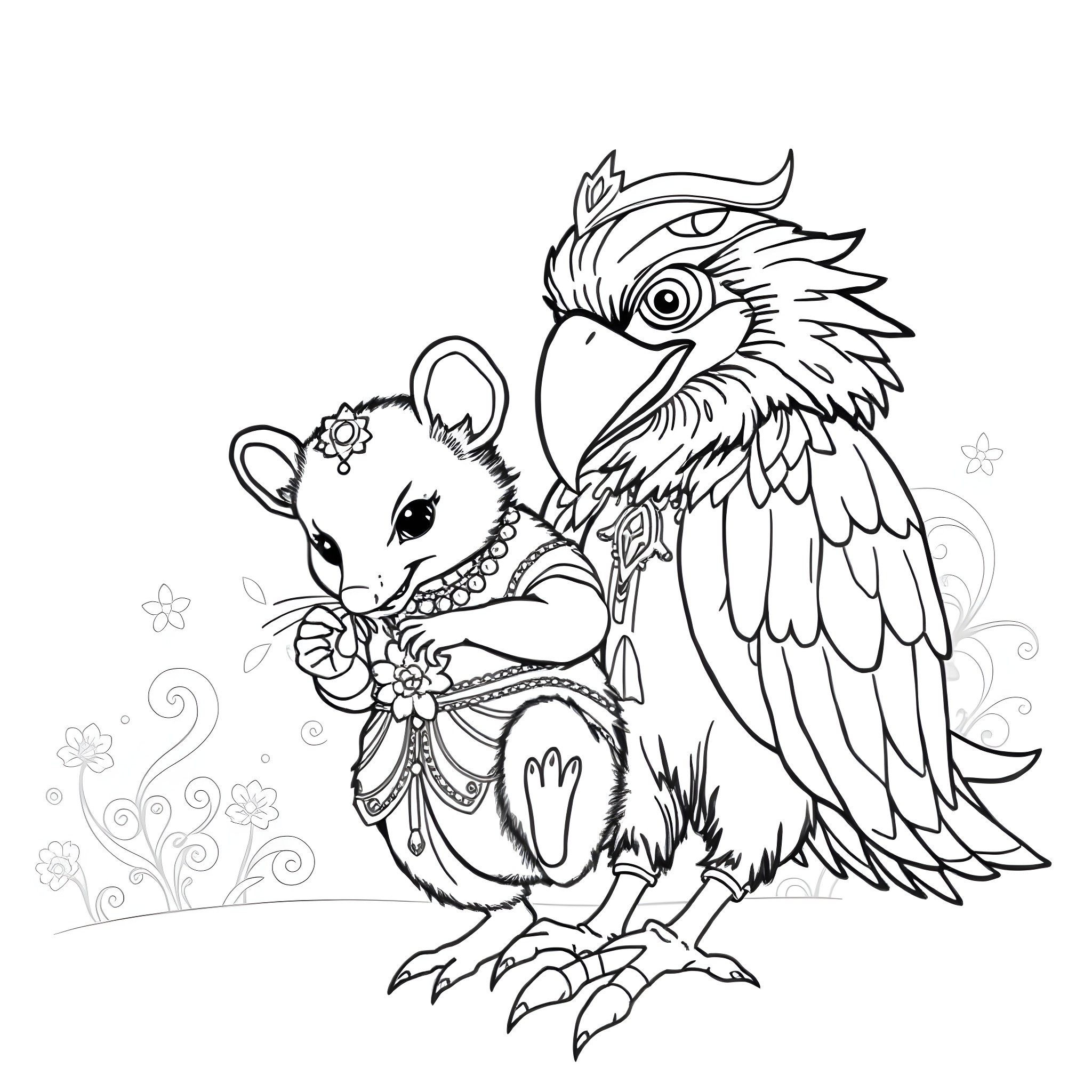 Opossum and Parrot Interacting in Whimsical Scene Coloring Page (free black-and-white line drawing printable PDF for all, from beginners to advanced learners, including children, teens, adults, and seniors)