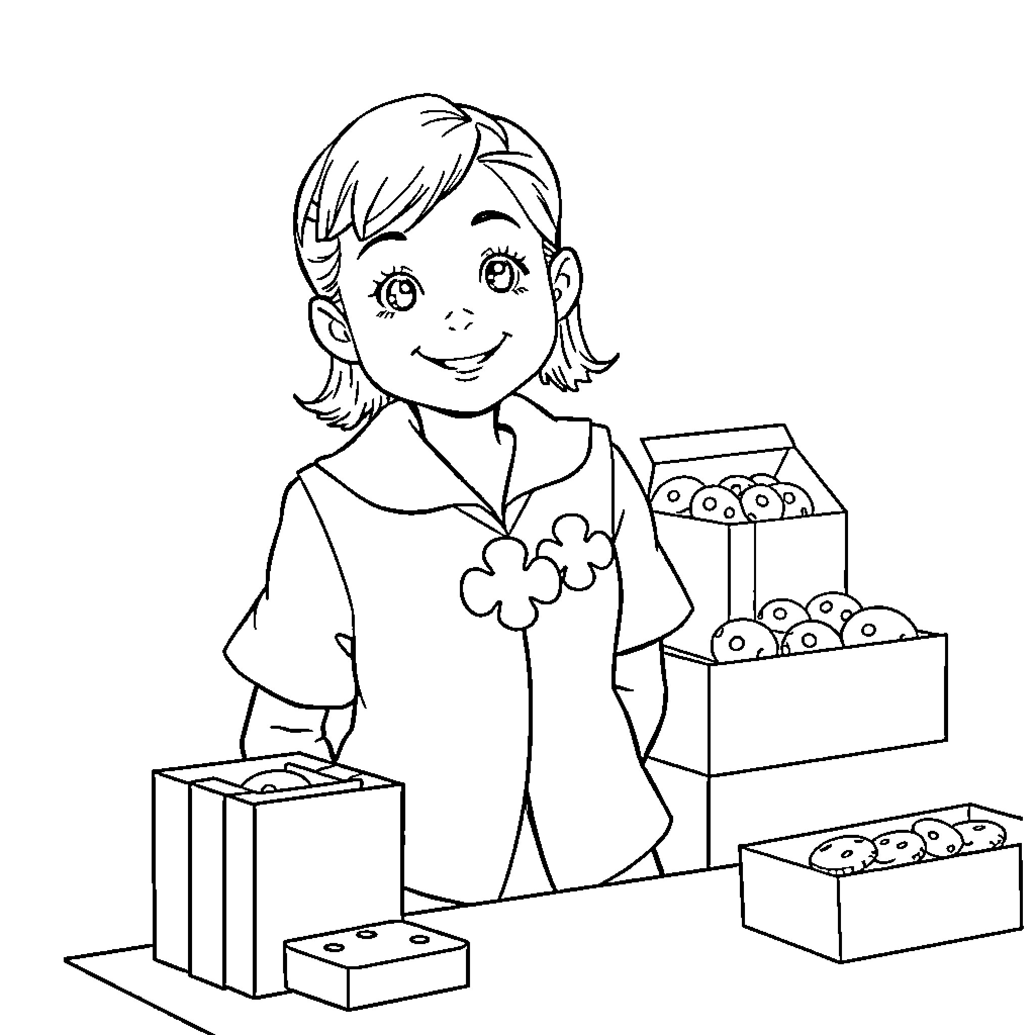 Girl Scout selling cookies with a smile Coloring Page (free black-and-white line drawing printable PDF for all, from beginners to advanced learners, including children, teens, adults, and seniors)