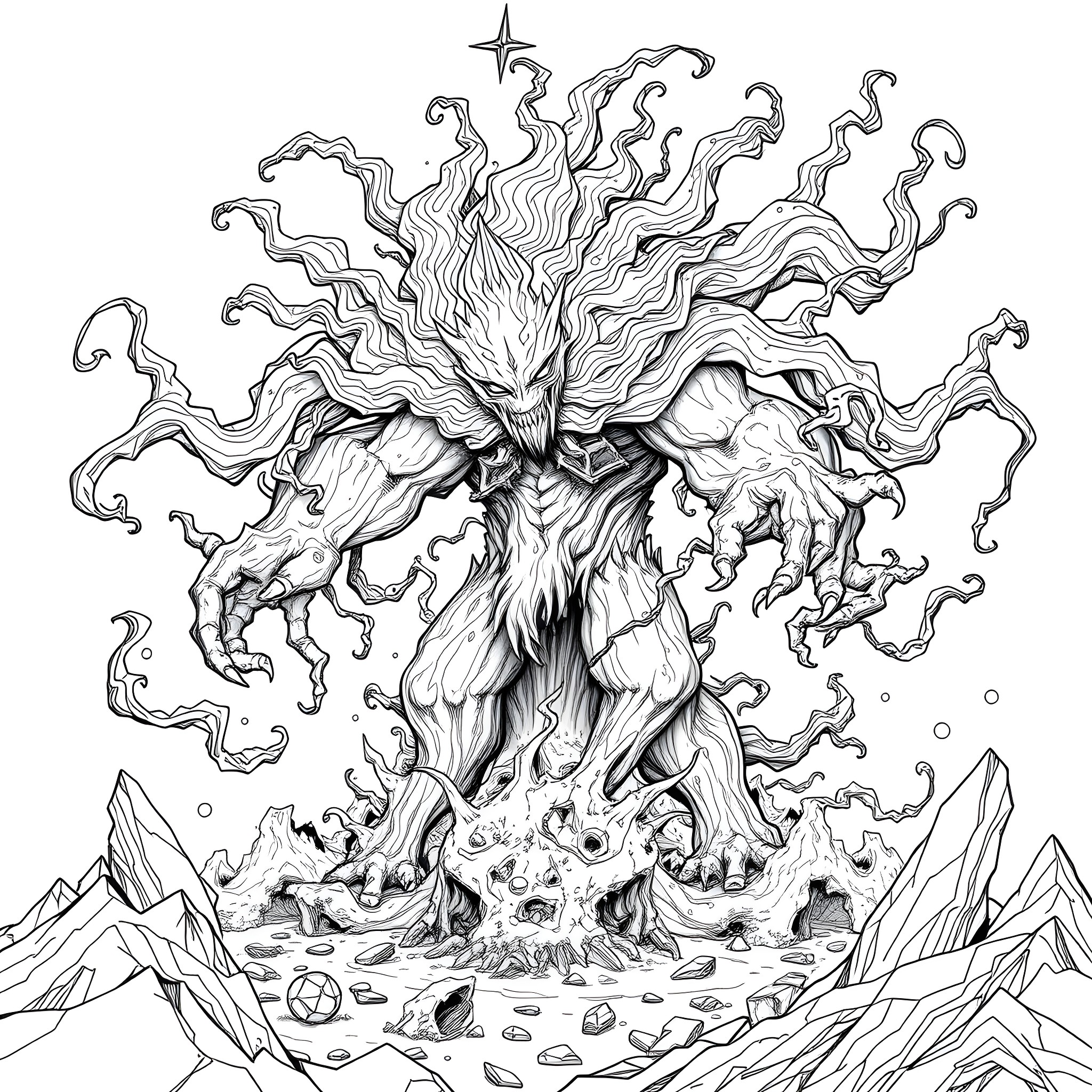 Golb, the Enigmatic Creature Erupting from the Mountainous Landscape Coloring Page (free black-and-white line drawing printable PDF for all, from beginners to advanced learners, including children, teens, adults, and seniors)