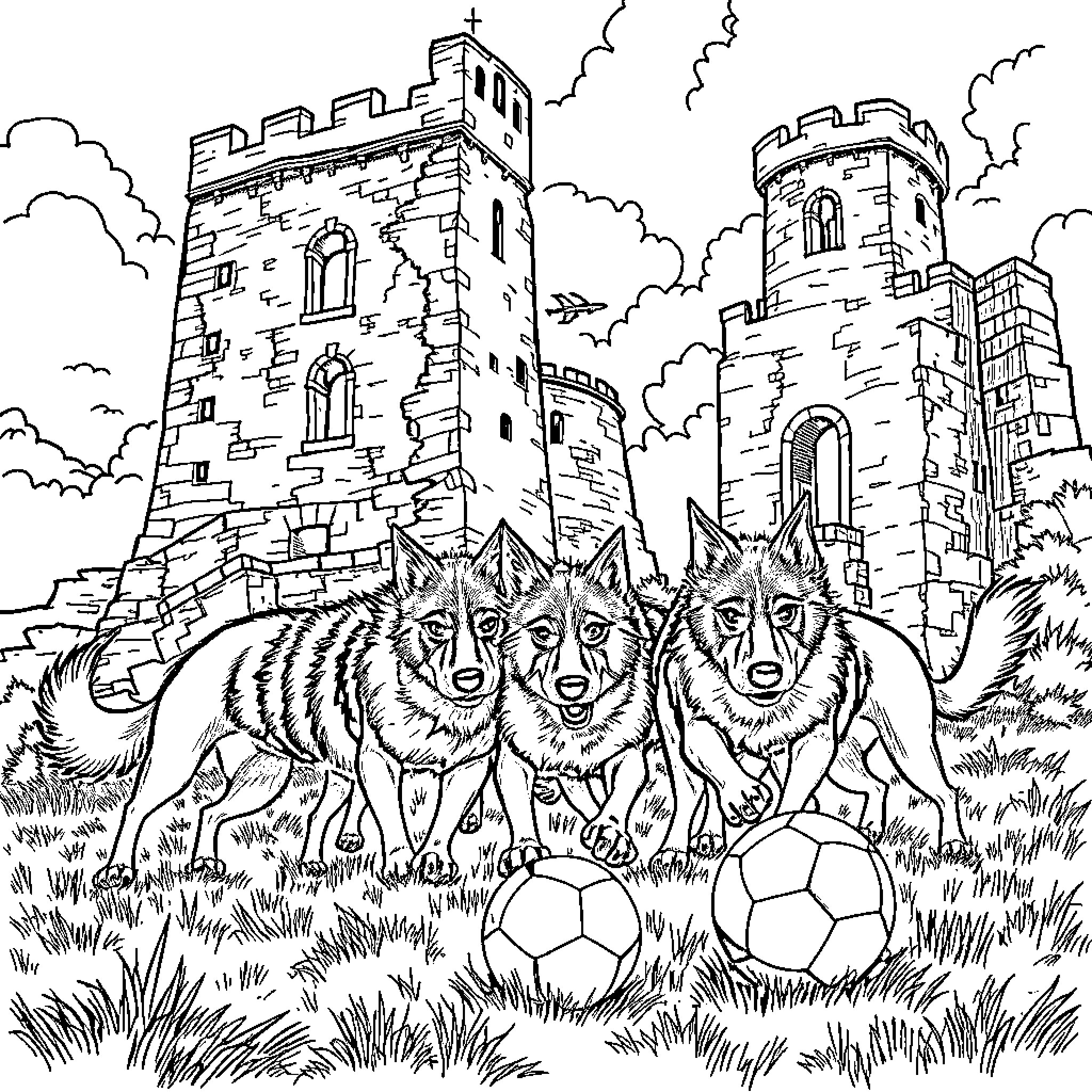 Wild Dogs Playing with Balls in Front of Castle Coloring Page (free black-and-white line drawing printable PDF for all, from beginners to advanced learners, including children, teens, adults, and seniors)