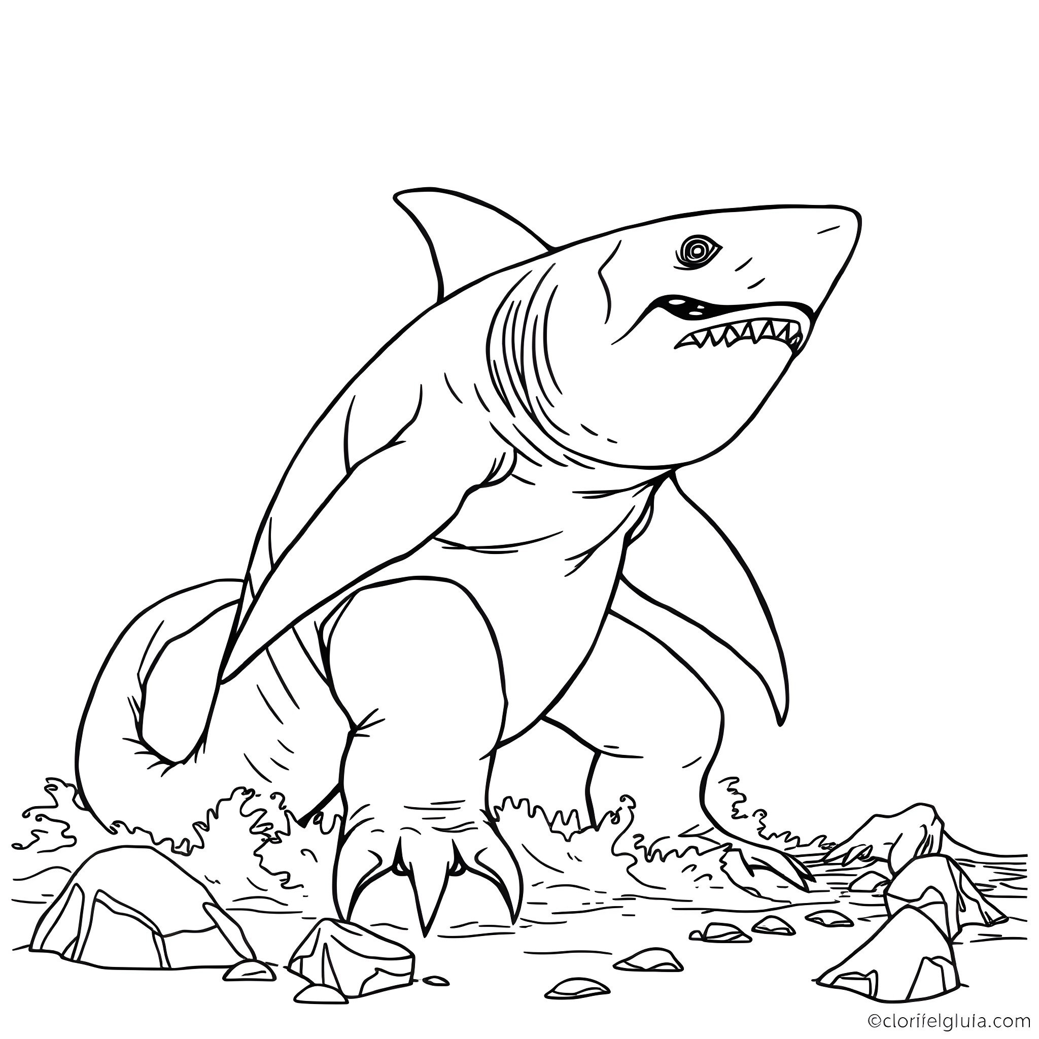 Sharkjira stomping through the rocky terrain Coloring Page (free black-and-white line drawing printable PDF for all, from beginners to advanced learners, including children, teens, adults, and seniors)
