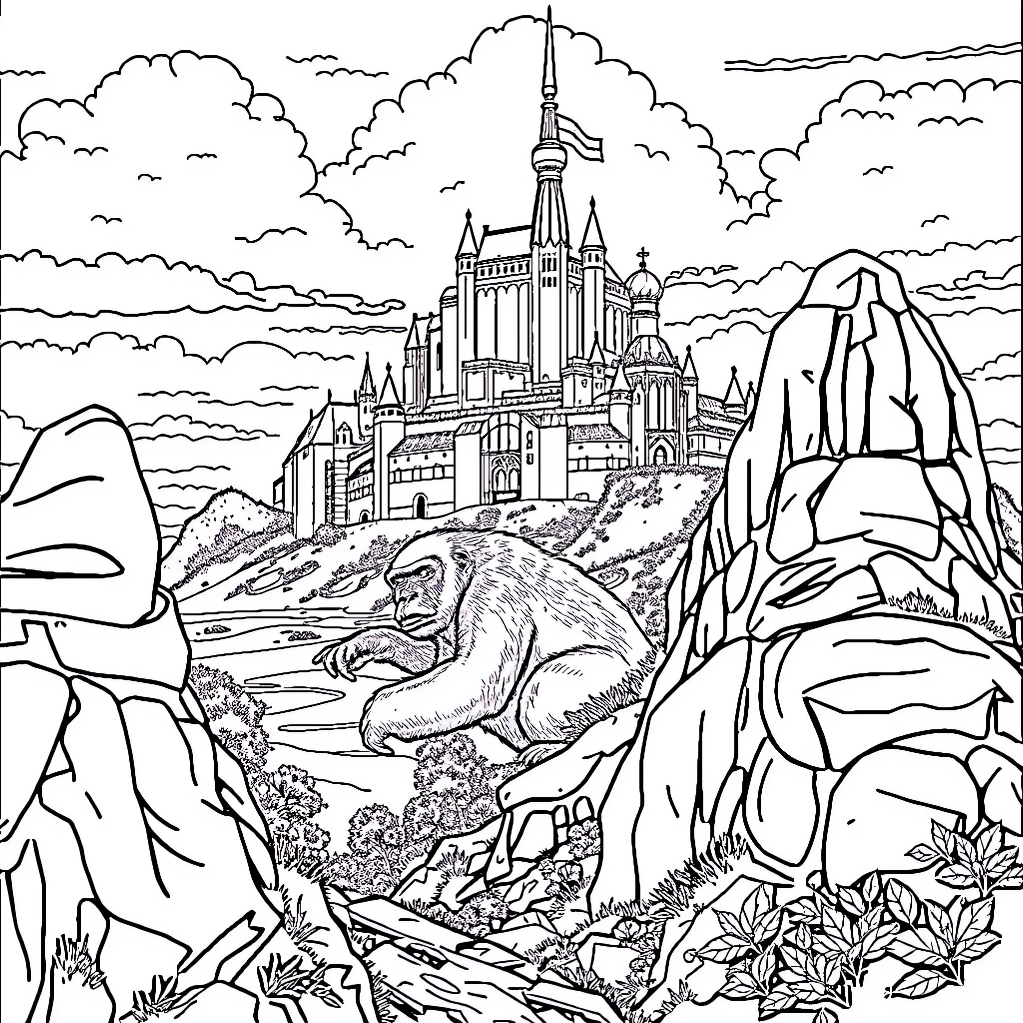 Gorilla exploring a fantastical castle landscape Coloring Page (free black-and-white line drawing printable PDF for all, from beginners to advanced learners, including children, teens, adults, and seniors)