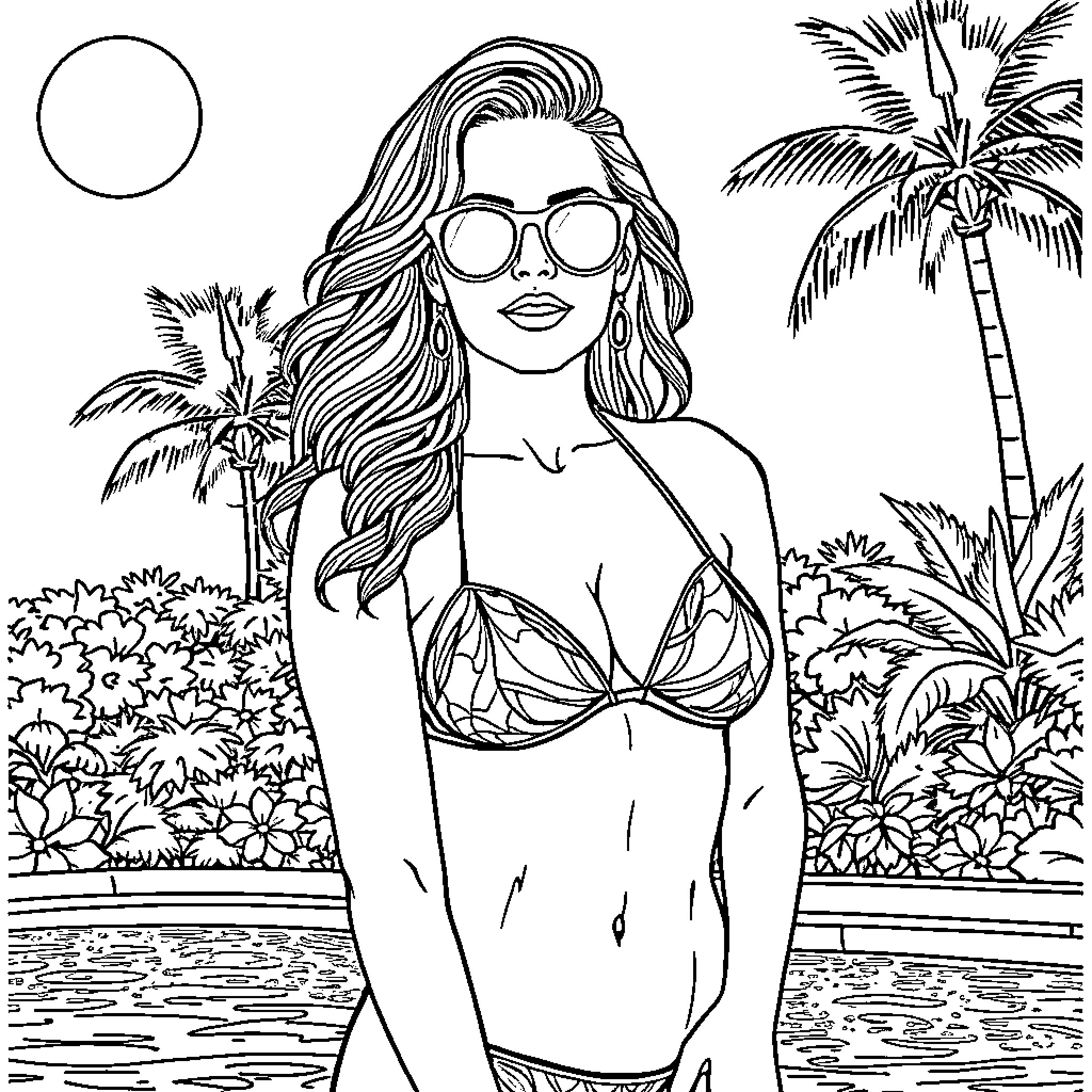 Christina Hendricks in tropical paradise Coloring Page (free black-and-white line drawing printable PDF for all, from beginners to advanced learners, including children, teens, adults, and seniors)