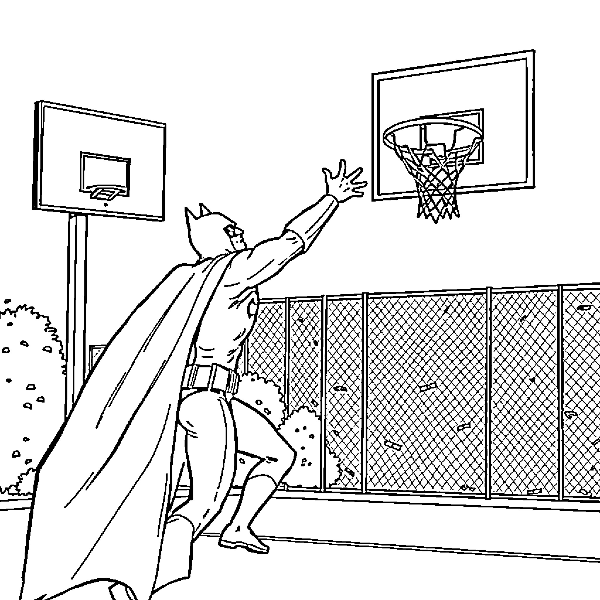 Batman playing basketball on an outdoor court Coloring Page (free black-and-white line drawing printable PDF for all, from beginners to advanced learners, including children, teens, adults, and seniors)