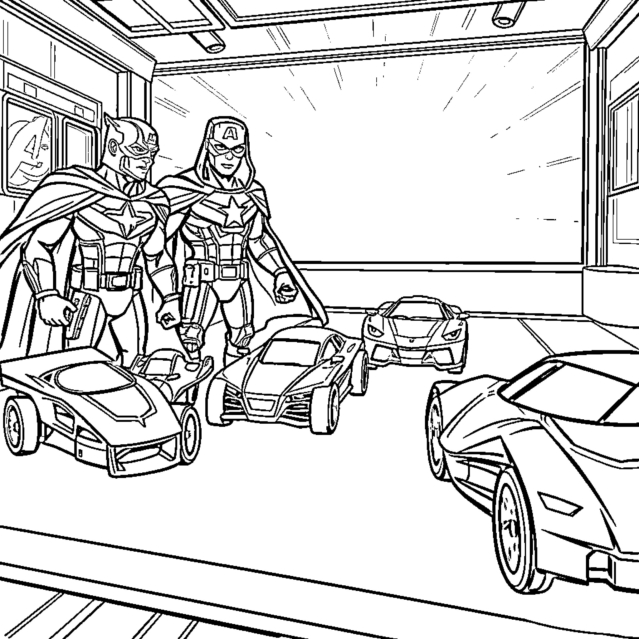 Avengers in Heroic Pose with Futuristic Vehicles Coloring Page (free black-and-white line drawing printable PDF for all, from beginners to advanced learners, including children, teens, adults, and seniors)