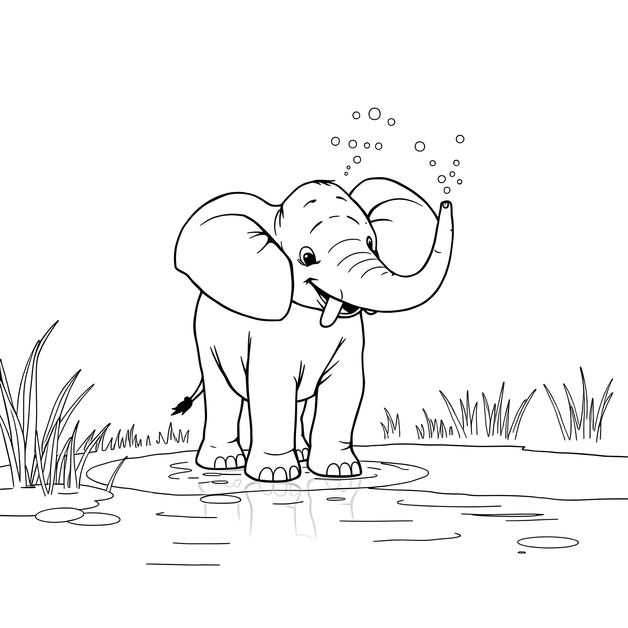 Elephant playing joyfully in a pond Coloring Page (free black-and-white line drawing printable PDF for all, from beginners to advanced learners, including children, teens, adults, and seniors)