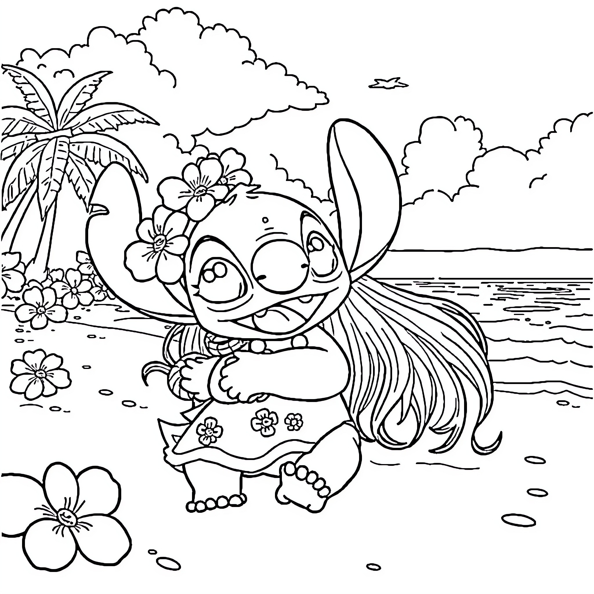 Lilo And Stitch playing on the beach with flowers Coloring Page (free black-and-white line drawing printable PDF for all, from beginners to advanced learners, including children, teens, adults, and seniors)