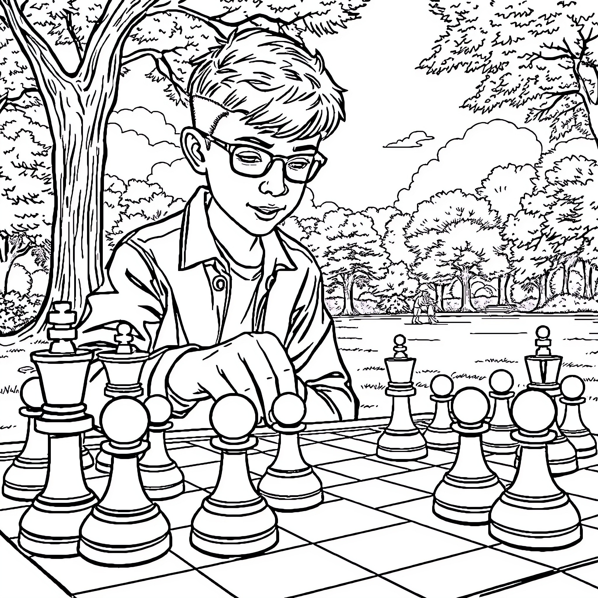 Guy playing chess in the park Coloring Page (free black-and-white line drawing printable PDF for all, from beginners to advanced learners, including children, teens, adults, and seniors)