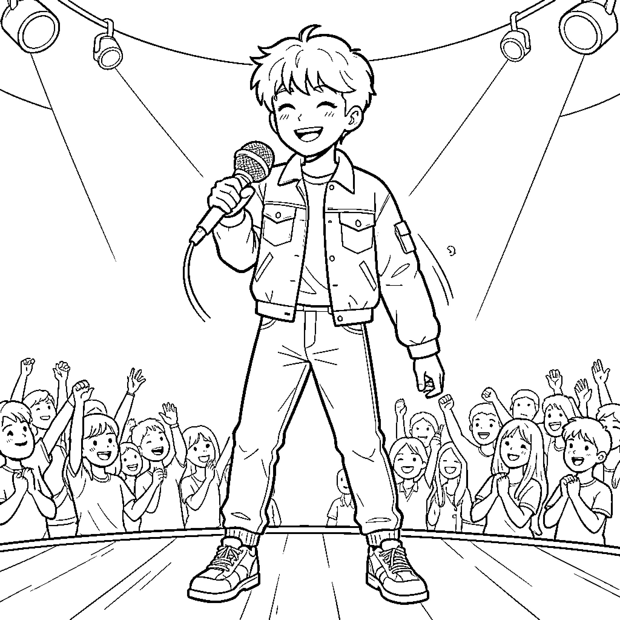 K-pop Boy Performing on Stage with Energetic Crowd Coloring Page (free black-and-white line drawing printable PDF for all, from beginners to advanced learners, including children, teens, adults, and seniors)