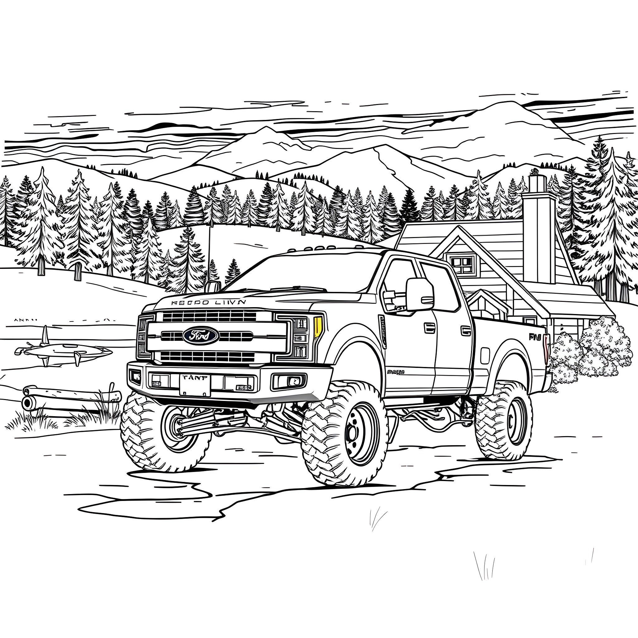 Truck off-roading through rugged mountain landscape Coloring Page (free black-and-white line drawing printable PDF for all, from beginners to advanced learners, including children, teens, adults, and seniors)