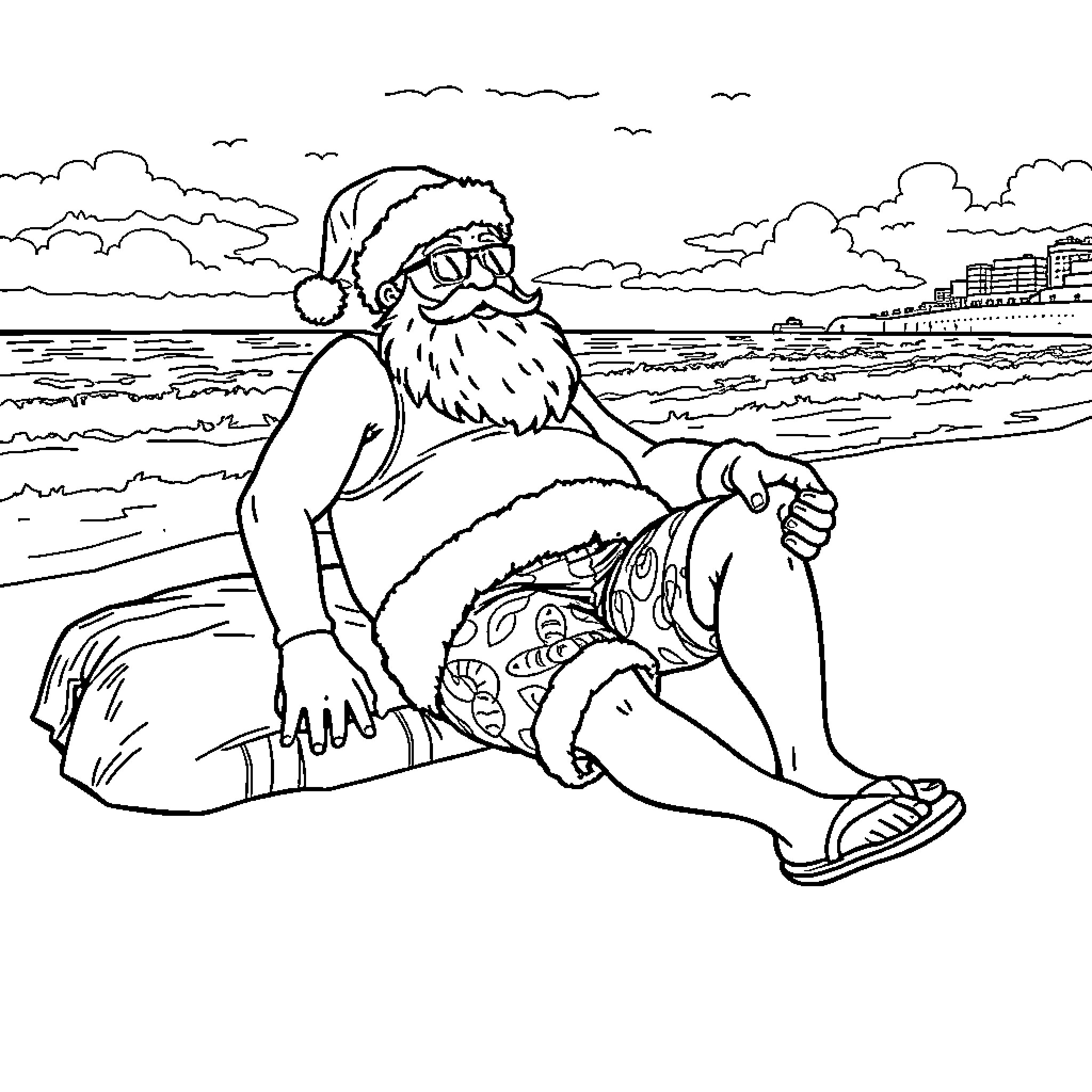 Santa relaxing on the beach Coloring Page (free black-and-white line drawing printable PDF for all, from beginners to advanced learners, including children, teens, adults, and seniors)