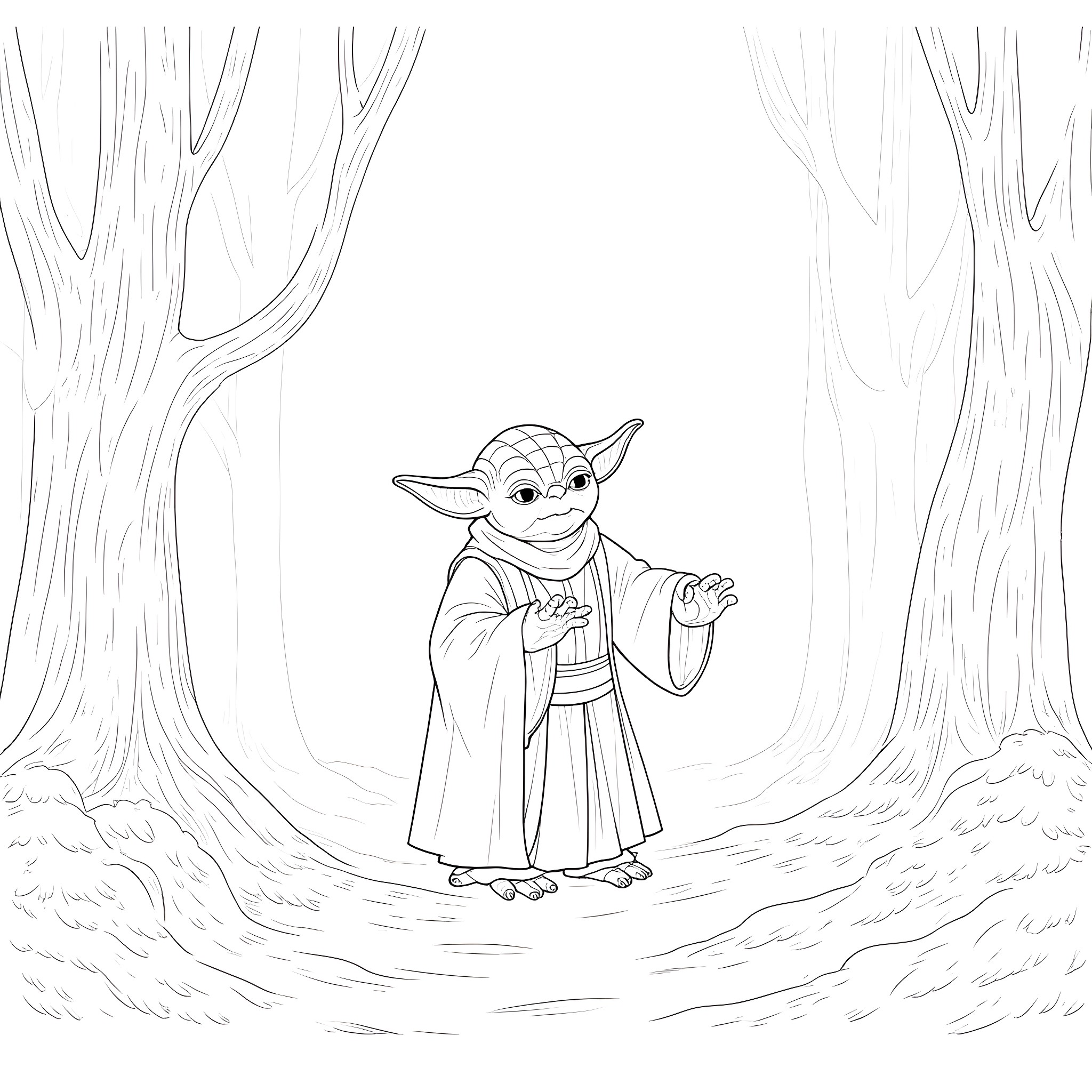 Yoda practicing Jedi moves in the forest Coloring Page (free black-and-white line drawing printable PDF for all, from beginners to advanced learners, including children, teens, adults, and seniors)
