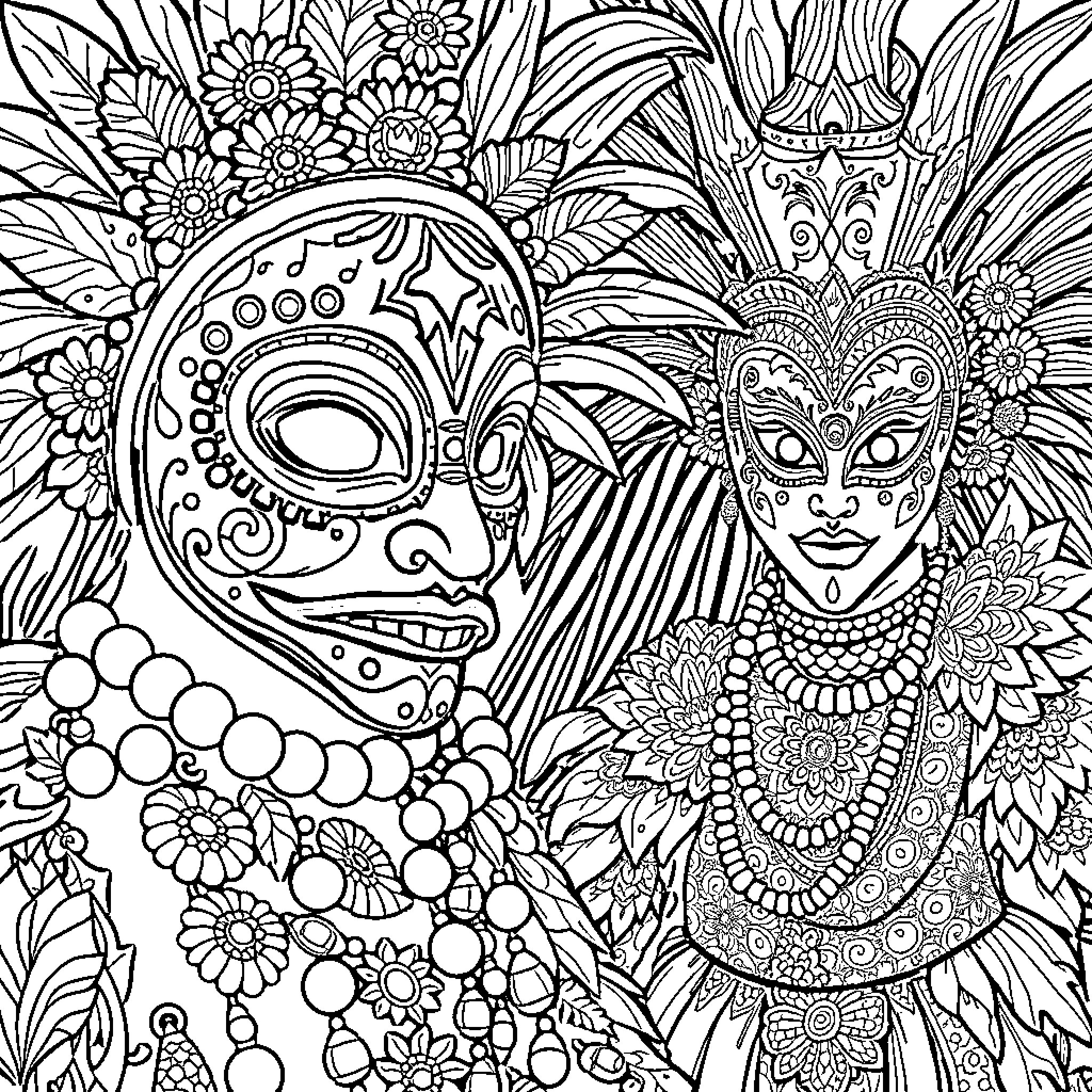 Carnaval Mask Celebration with Ornate Costumes and Intricate Designs Coloring Page (free black-and-white line drawing printable PDF for all, from beginners to advanced learners, including children, teens, adults, and seniors)