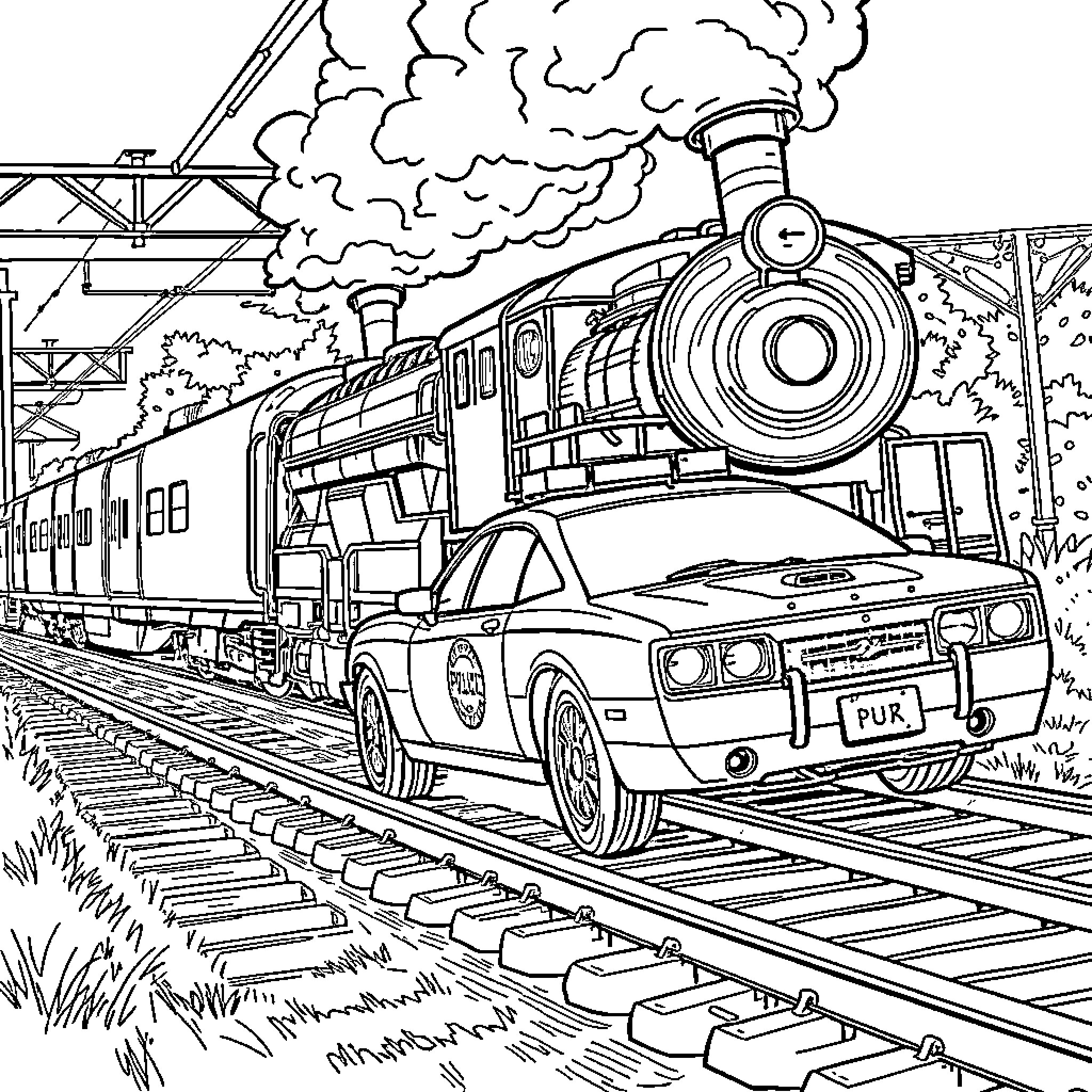 Police Car Pursuing Train Through Scenic Railroad Crossing Coloring Page (free black-and-white line drawing printable PDF for all, from beginners to advanced learners, including children, teens, adults, and seniors)