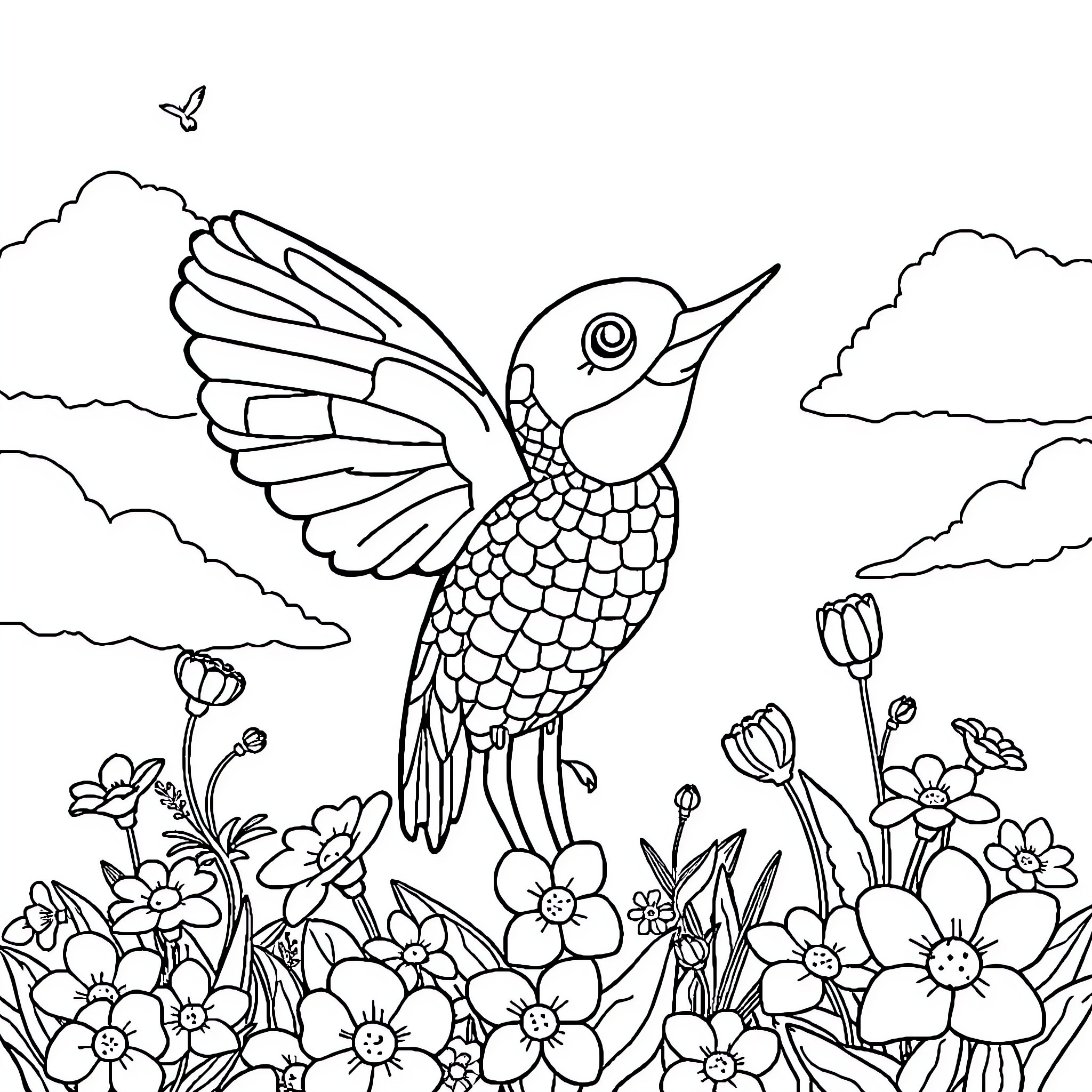 Schoolboy coloring vibrant hummingbird in floral garden Coloring Page (free black-and-white line drawing printable PDF for all, from beginners to advanced learners, including children, teens, adults, and seniors)