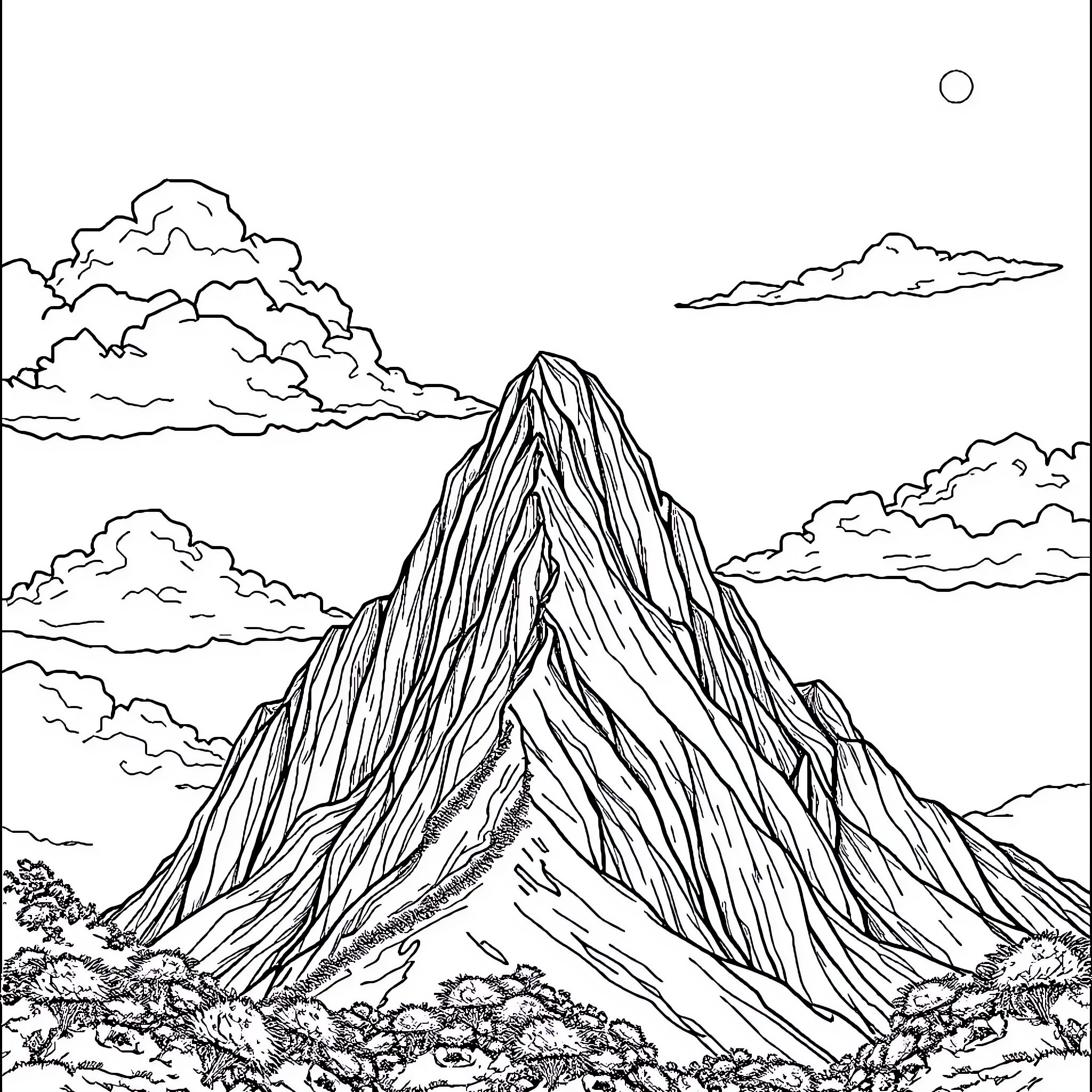 Gunung Peaks Reaching Towards the Sky Coloring Page (free black-and-white line drawing printable PDF for all, from beginners to advanced learners, including children, teens, adults, and seniors)